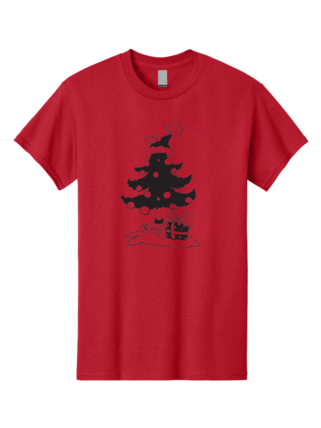 Christmas-Tree-1 Men'S Graphic Tee, 100% Cotton, Comfortable Casual Summer Wear, Machine Washable, Christmas Tree Silhouette, Decorated Tree, Angel On Top, Christmas Ornaments, Gift Box, Ribbon, Festive, Holiday, Christmas Decoration, Aac588