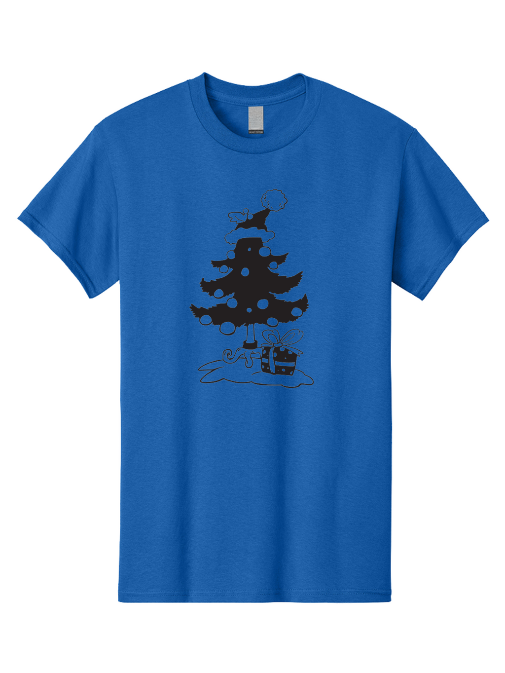 Christmas-Tree-1 Men'S Graphic Tee, 100% Cotton, Comfortable Casual Summer Wear, Machine Washable, Christmas Tree Silhouette, Decorated Tree, Angel On Top, Christmas Ornaments, Gift Box, Ribbon, Festive, Holiday, Christmas Decoration, Aac588