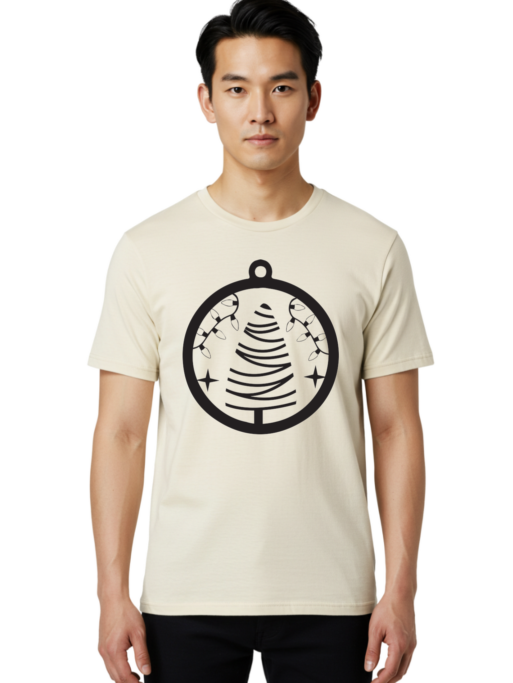 Christmas-Tree-Ornament-1 Men'S Graphic Tee, 100% Cotton, Comfortable Casual Summer Wear, Machine Washable, Christmas Tree, Holiday Decoration, Festive Lights, Stars, Winter Wonderland, Christmas Ornament, Black Silhouette, Festive Design Aac590