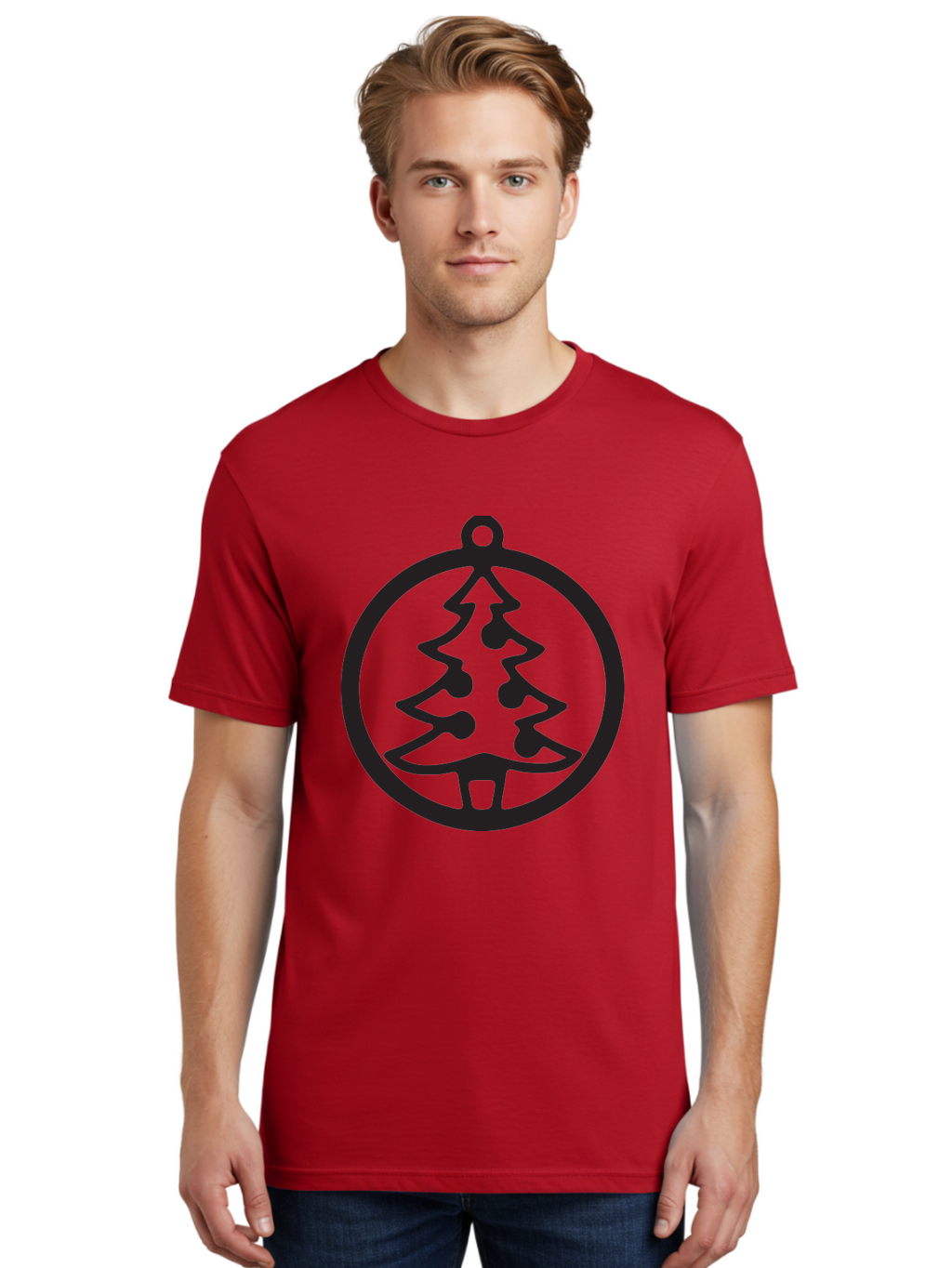 Christmas-Tree-Ornament-2 Men'S Graphic Tee, 100% Cotton, Comfortable Casual Summer Wear, Machine Washable, Christmas Tree, Holiday Decoration, Festive Symbol, Ornament Design, Black Silhouette, Simple Shape, Bauble, Christmas Theme, Aac591