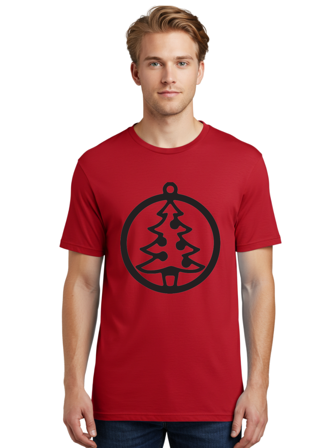 Christmas-Tree-Ornament-2 Men'S Graphic Tee, 100% Cotton, Comfortable Casual Summer Wear, Machine Washable, Christmas Tree, Holiday Decoration, Festive Symbol, Ornament Design, Black Silhouette, Simple Shape, Bauble, Christmas Theme, Aac591
