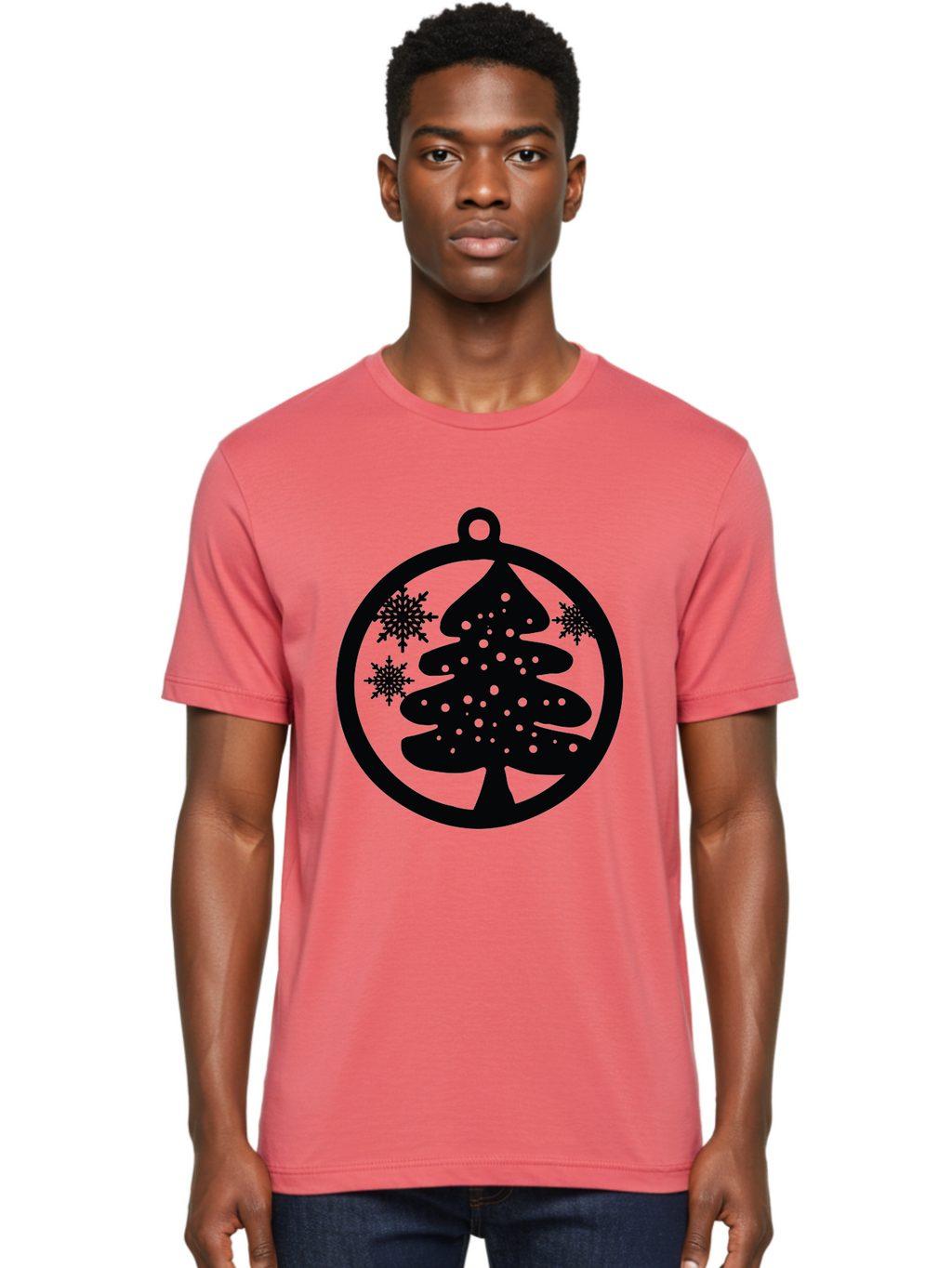 Christmas-Tree-Ornament Men'S Graphic Tee, 100% Cotton, Comfortable Casual Summer Wear, Machine Washable, Christmas Tree Silhouette, Snowflakes, Holiday Decoration, Festive Design, Winter Wonderland, Christmas Ornament, Bauble, Tree Bauble, Aac592