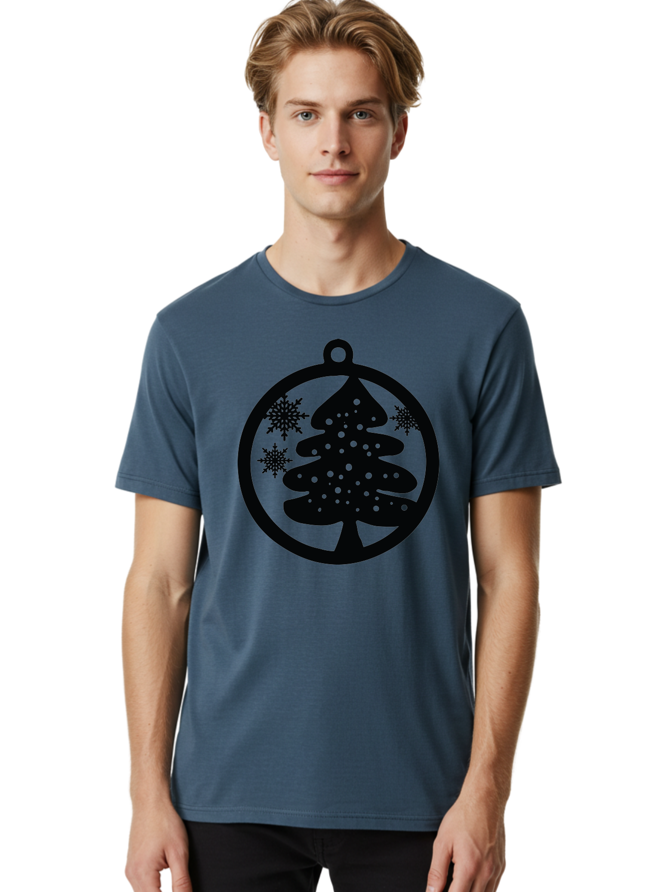 Christmas-Tree-Ornament Men'S Graphic Tee, 100% Cotton, Comfortable Casual Summer Wear, Machine Washable, Christmas Tree Silhouette, Snowflakes, Holiday Decoration, Festive Design, Winter Wonderland, Christmas Ornament, Bauble, Tree Bauble, Aac592