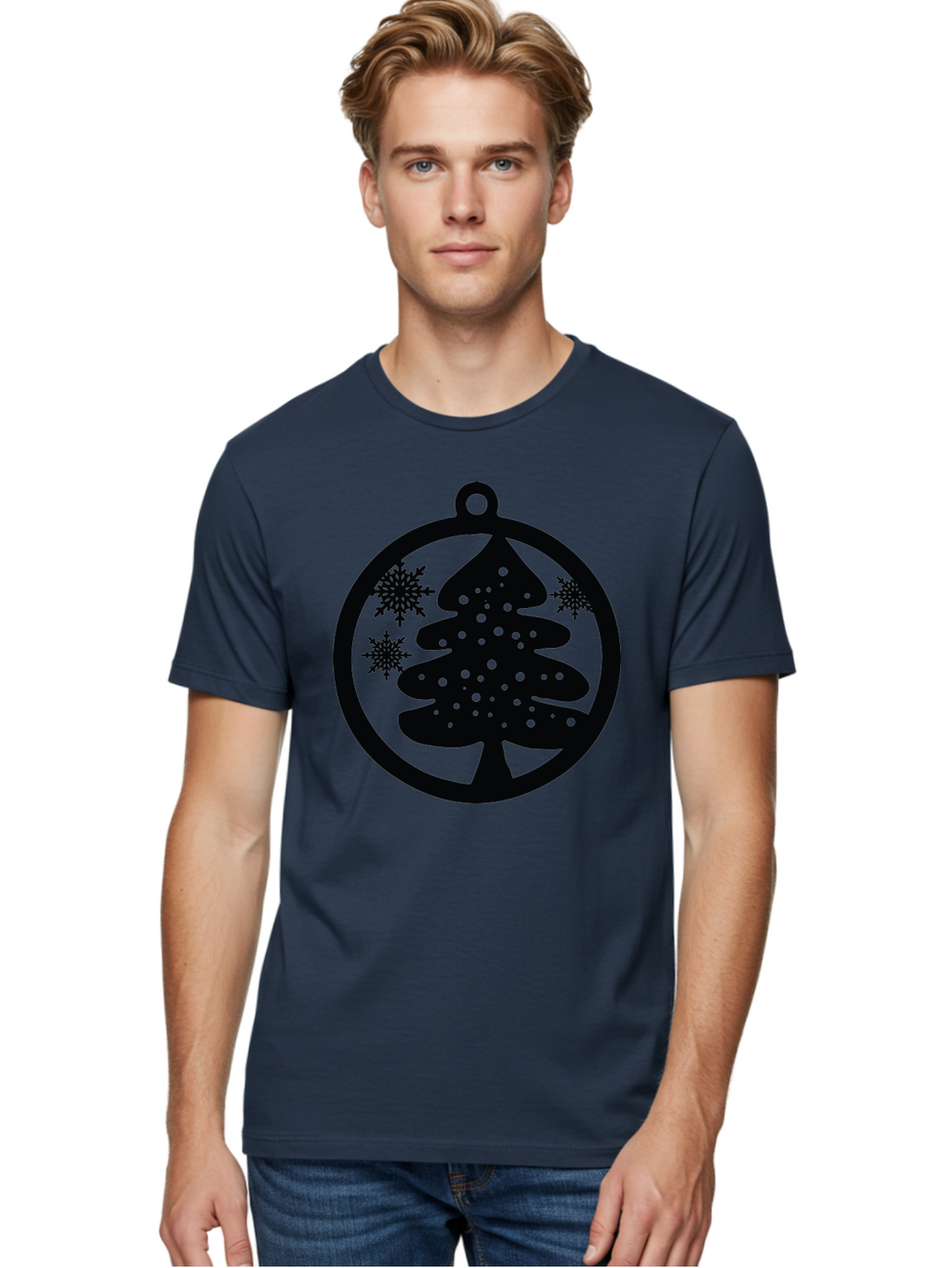 Christmas-Tree-Ornament Men'S Graphic Tee, 100% Cotton, Comfortable Casual Summer Wear, Machine Washable, Christmas Tree Silhouette, Snowflakes, Holiday Decoration, Festive Design, Winter Wonderland, Christmas Ornament, Bauble, Tree Bauble, Aac592