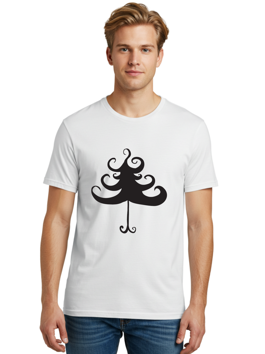 Christmas-Tree-Silhouette Men'S Graphic Tee, 100% Cotton, Comfortable Casual Summer Wear, Machine Washable, Christmas Tree Silhouette, Decorative Christmas Tree, Festive Holiday Symbol, Swirly Christmas Tree Design, Aac593
