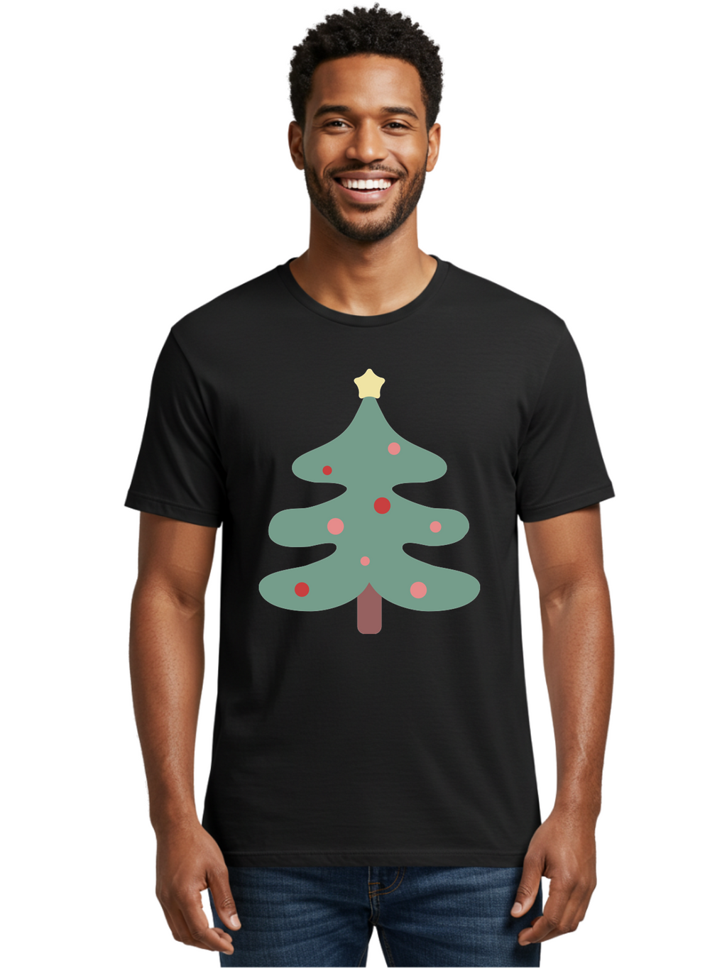 Christmas-Tree Men'S Graphic Tee, 100% Cotton, Comfortable Casual Summer Wear, Machine Washable, Christmas Tree, Festive Decorations, Red Ornaments, Pink Baubles, Star Topper, Holiday Cheer, Winter Wonderland, Cartoon Style, Simple Design, Aac594