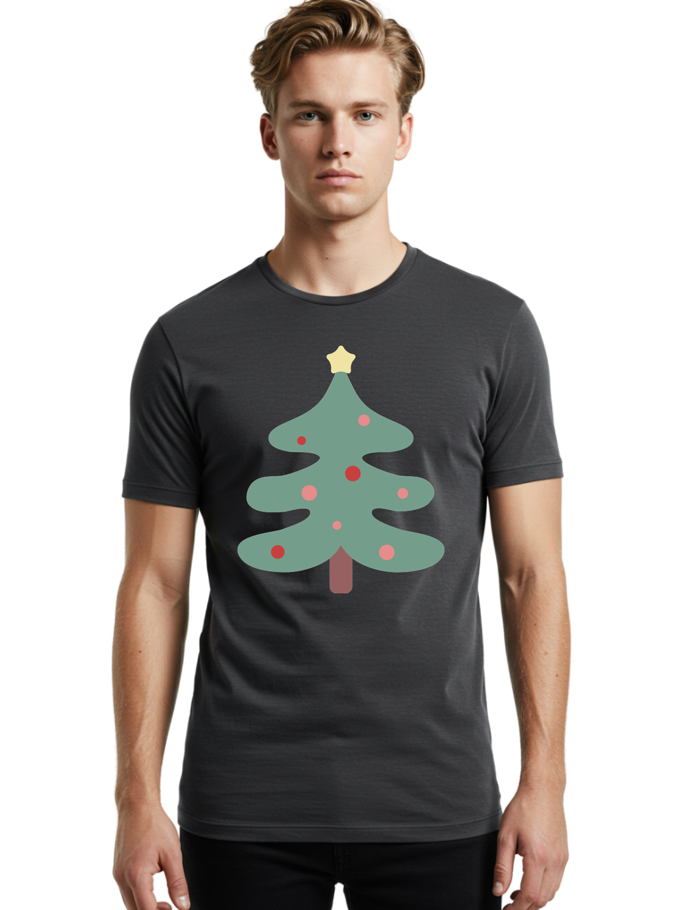 Christmas-Tree Men'S Graphic Tee, 100% Cotton, Comfortable Casual Summer Wear, Machine Washable, Christmas Tree, Festive Decorations, Red Ornaments, Pink Baubles, Star Topper, Holiday Cheer, Winter Wonderland, Cartoon Style, Simple Design, Aac594