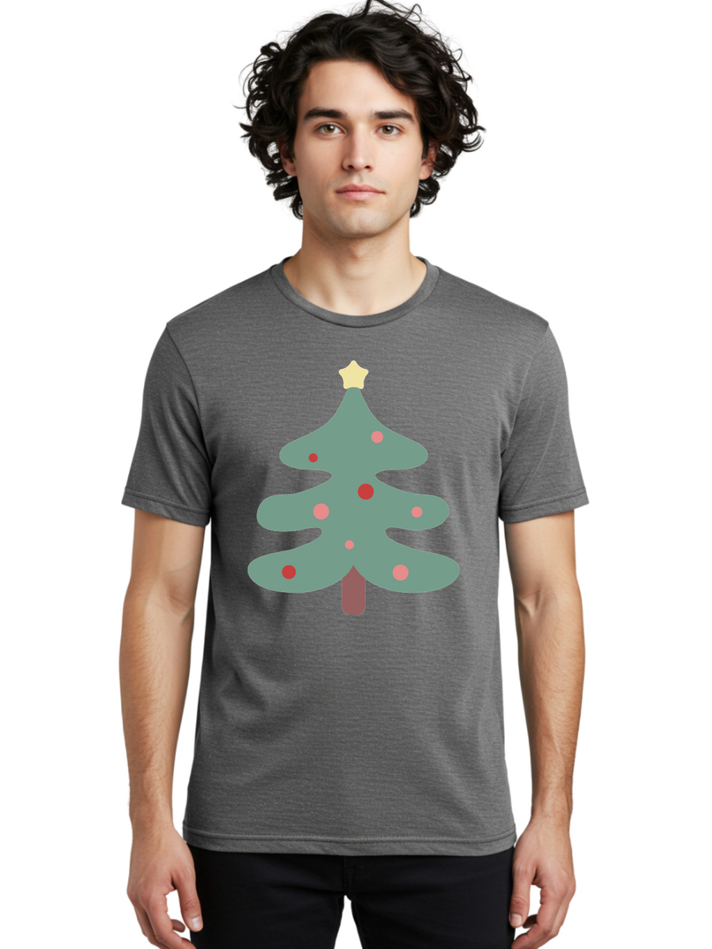 Christmas-Tree Men'S Graphic Tee, 100% Cotton, Comfortable Casual Summer Wear, Machine Washable, Christmas Tree, Festive Decorations, Red Ornaments, Pink Baubles, Star Topper, Holiday Cheer, Winter Wonderland, Cartoon Style, Simple Design, Aac594