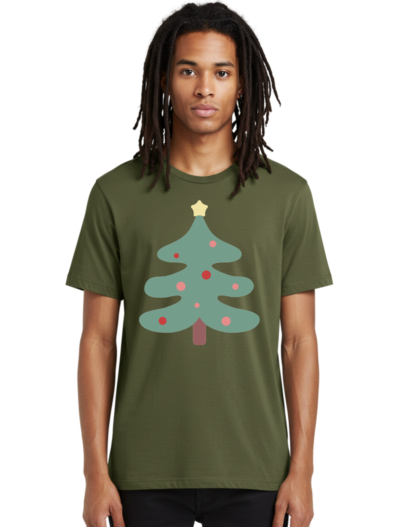 Christmas-Tree Men'S Graphic Tee, 100% Cotton, Comfortable Casual Summer Wear, Machine Washable, Christmas Tree, Festive Decorations, Red Ornaments, Pink Baubles, Star Topper, Holiday Cheer, Winter Wonderland, Cartoon Style, Simple Design, Aac594