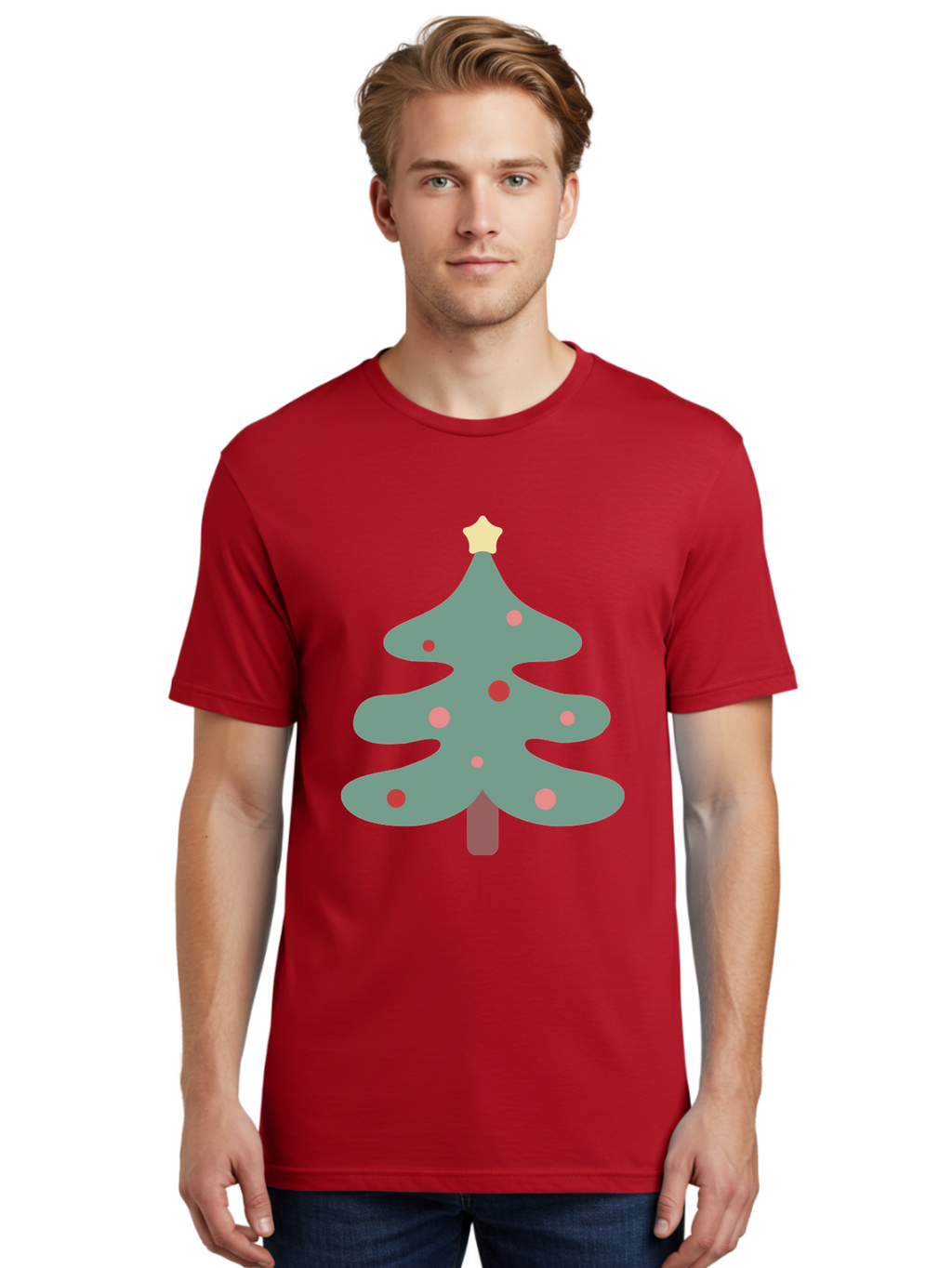 Christmas-Tree Men'S Graphic Tee, 100% Cotton, Comfortable Casual Summer Wear, Machine Washable, Christmas Tree, Festive Decorations, Red Ornaments, Pink Baubles, Star Topper, Holiday Cheer, Winter Wonderland, Cartoon Style, Simple Design, Aac594