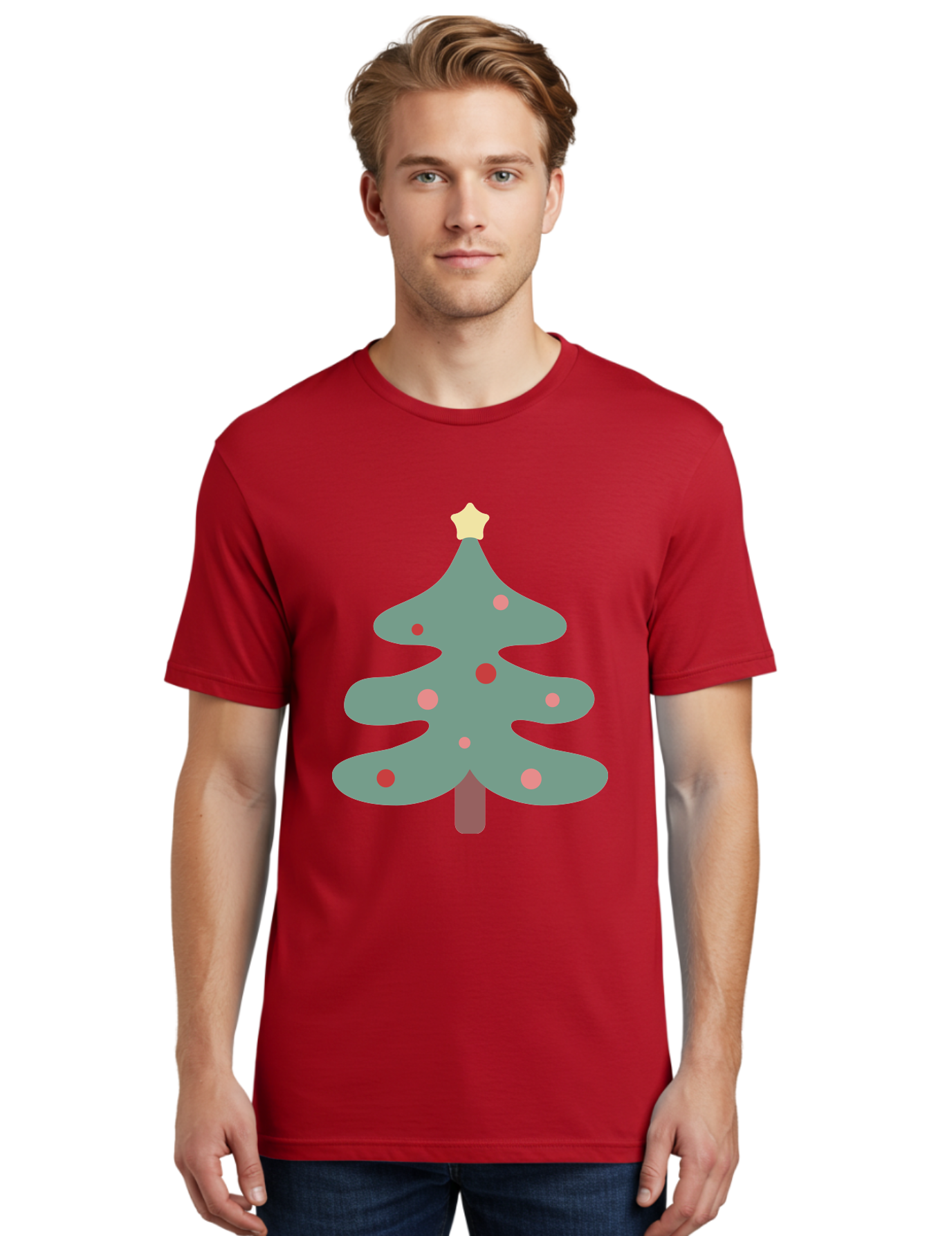 Christmas-Tree Men'S Graphic Tee, 100% Cotton, Comfortable Casual Summer Wear, Machine Washable, Christmas Tree, Festive Decorations, Red Ornaments, Pink Baubles, Star Topper, Holiday Cheer, Winter Wonderland, Cartoon Style, Simple Design, Aac594