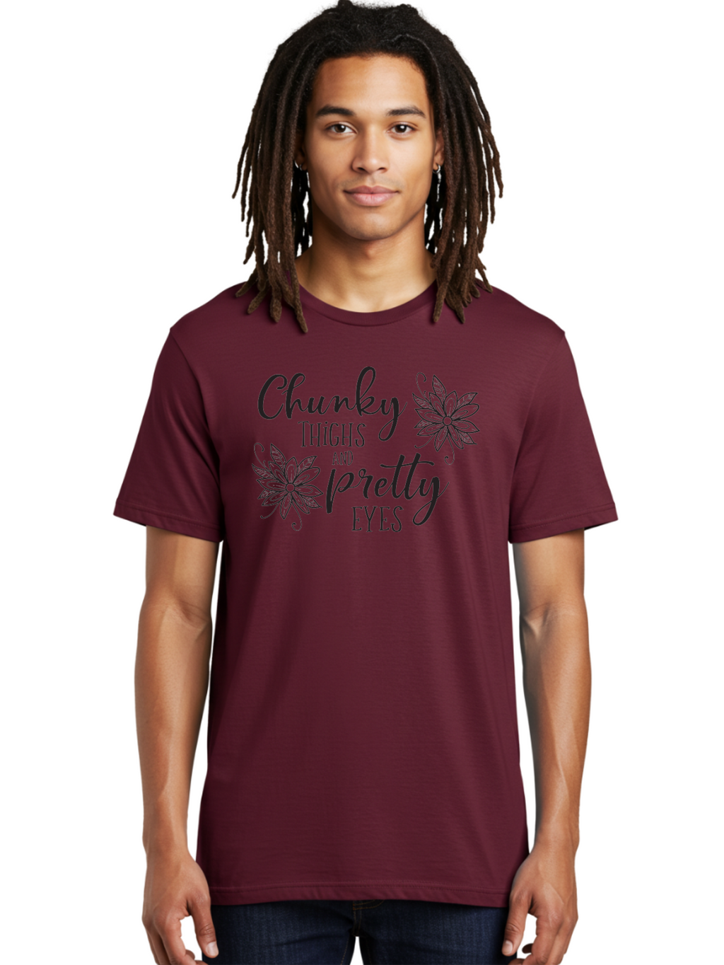Chunky-Thighs-And-Pretty-Eyes Men'S Graphic Tee, 100% Cotton, Comfortable Casual Summer Wear, Machine Washable, Positive Affirmation, Body Positivity, Self Love, Empowerment, Quote, Inspirational Quote, Motivational Quote, Black Text, Aac595