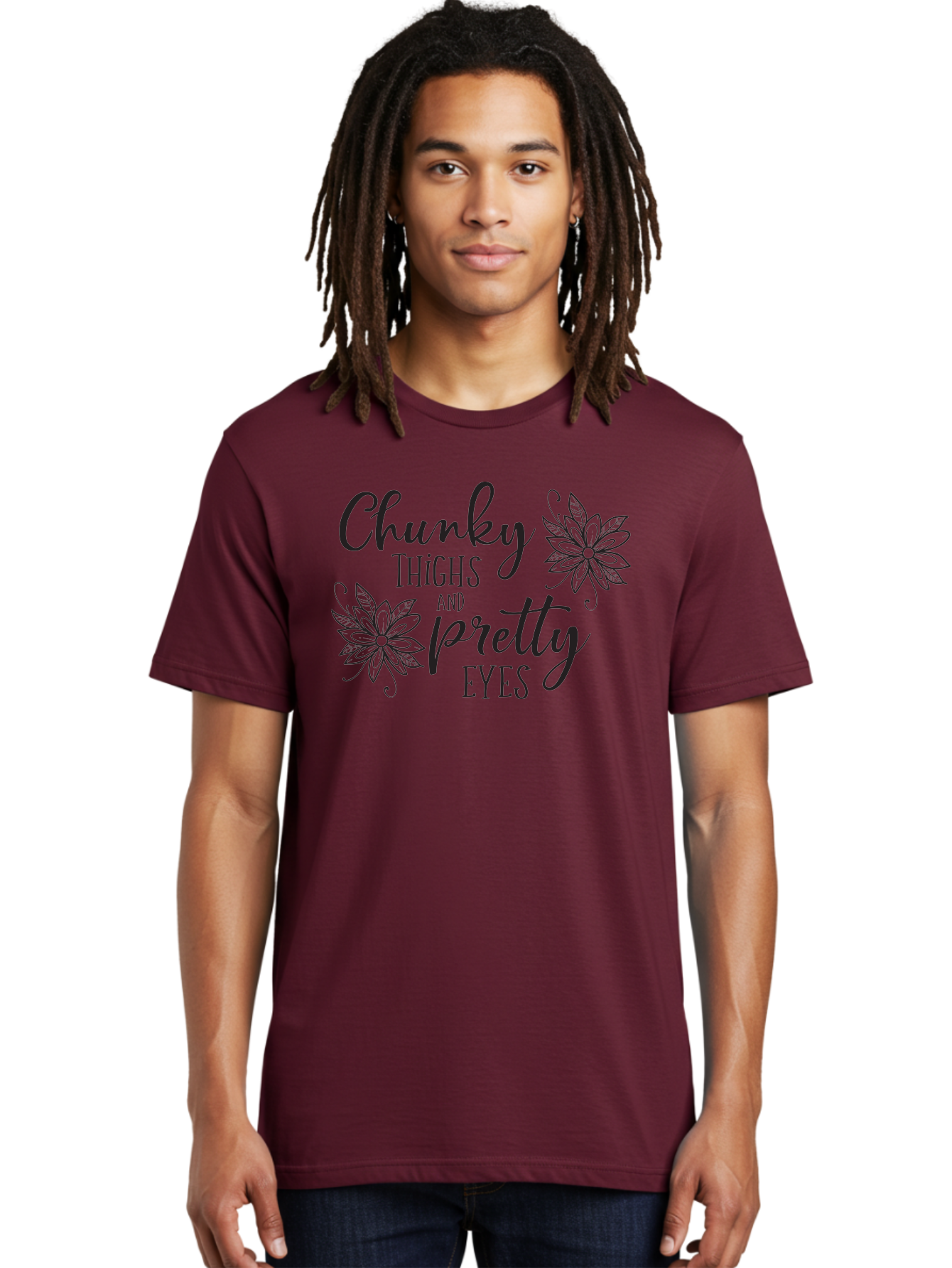 Chunky-Thighs-And-Pretty-Eyes Men'S Graphic Tee, 100% Cotton, Comfortable Casual Summer Wear, Machine Washable, Positive Affirmation, Body Positivity, Self Love, Empowerment, Quote, Inspirational Quote, Motivational Quote, Black Text, Aac595