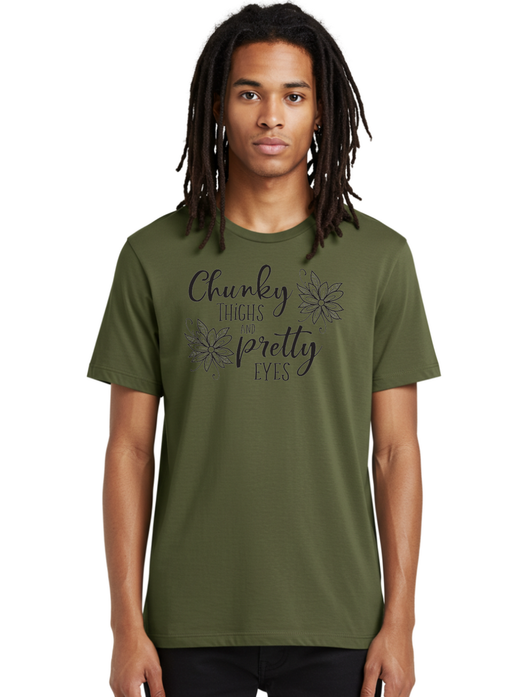 Chunky-Thighs-And-Pretty-Eyes Men'S Graphic Tee, 100% Cotton, Comfortable Casual Summer Wear, Machine Washable, Positive Affirmation, Body Positivity, Self Love, Empowerment, Quote, Inspirational Quote, Motivational Quote, Black Text, Aac595