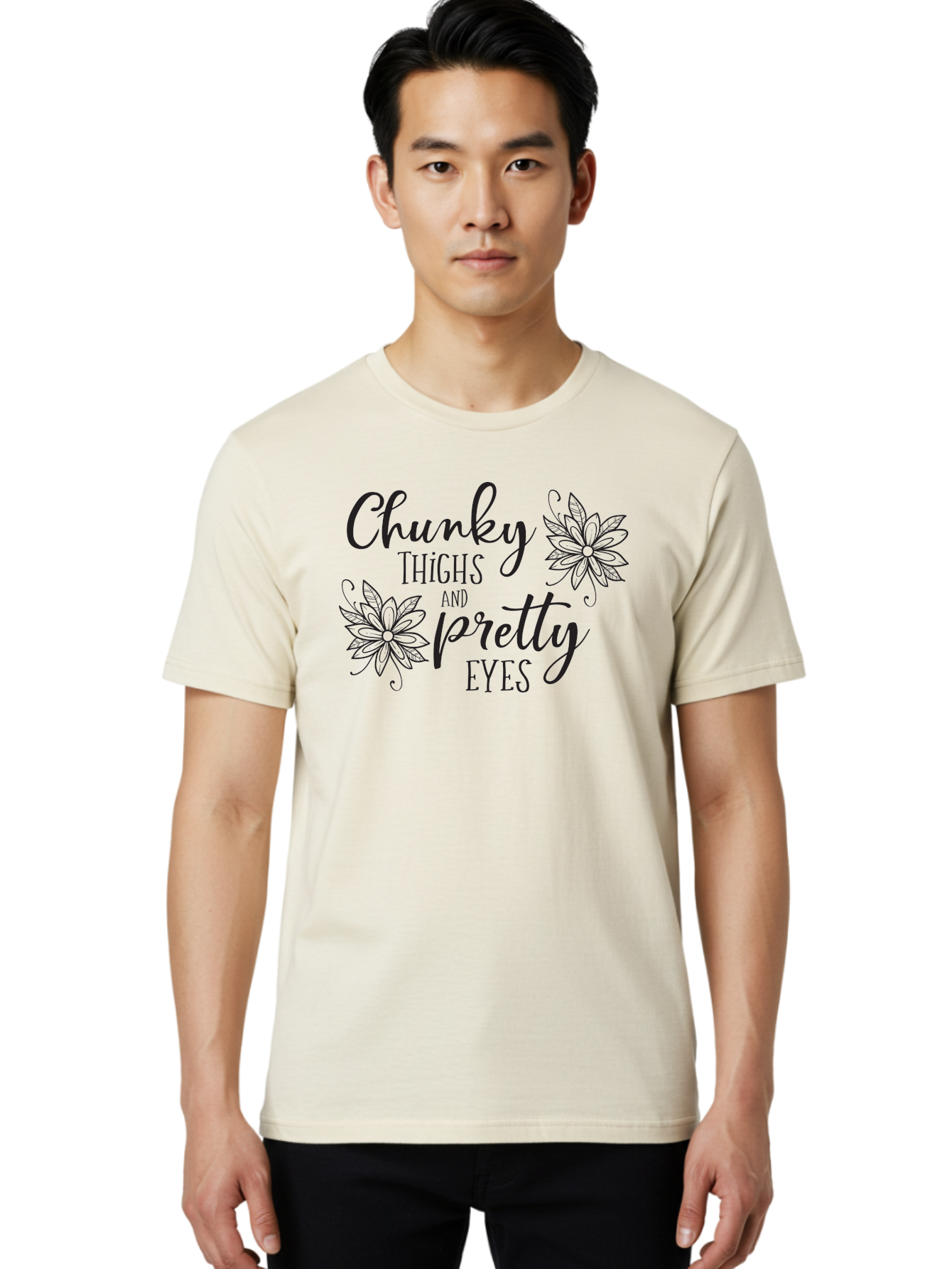Chunky-Thighs-And-Pretty-Eyes Men'S Graphic Tee, 100% Cotton, Comfortable Casual Summer Wear, Machine Washable, Positive Affirmation, Body Positivity, Self Love, Empowerment, Quote, Inspirational Quote, Motivational Quote, Black Text, Aac595