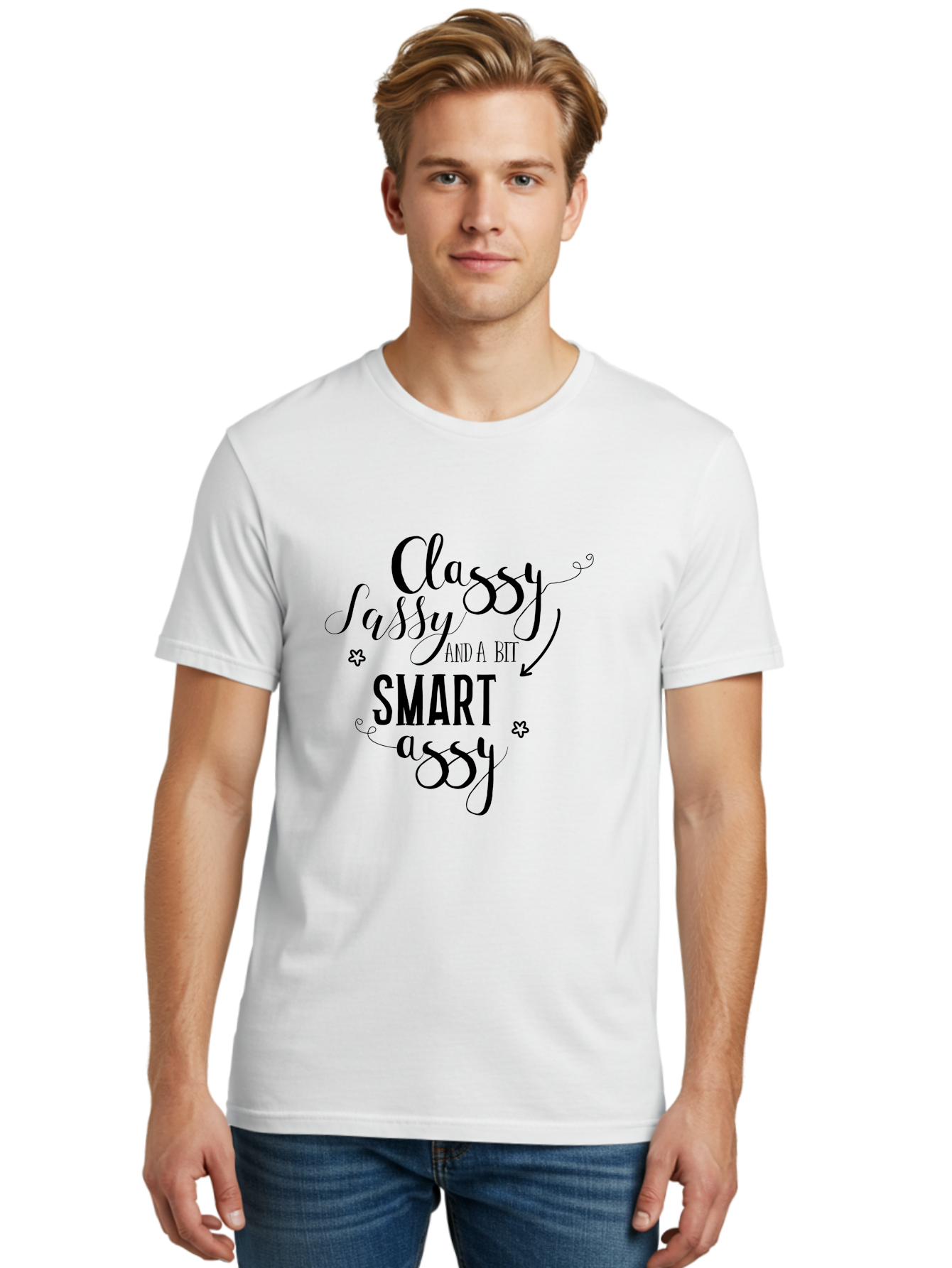 Classy-Sassy-And-A-Bit-Smart-Assy Men'S Graphic Tee, 100% Cotton, Comfortable Casual Summer Wear, Machine Washable, Classy Sassy, Smart Assy, Sassy Quotes, Funny Phrases, Sassy Sayings, Witty Humor, Trendy Typography, Inspirational Words Aac596