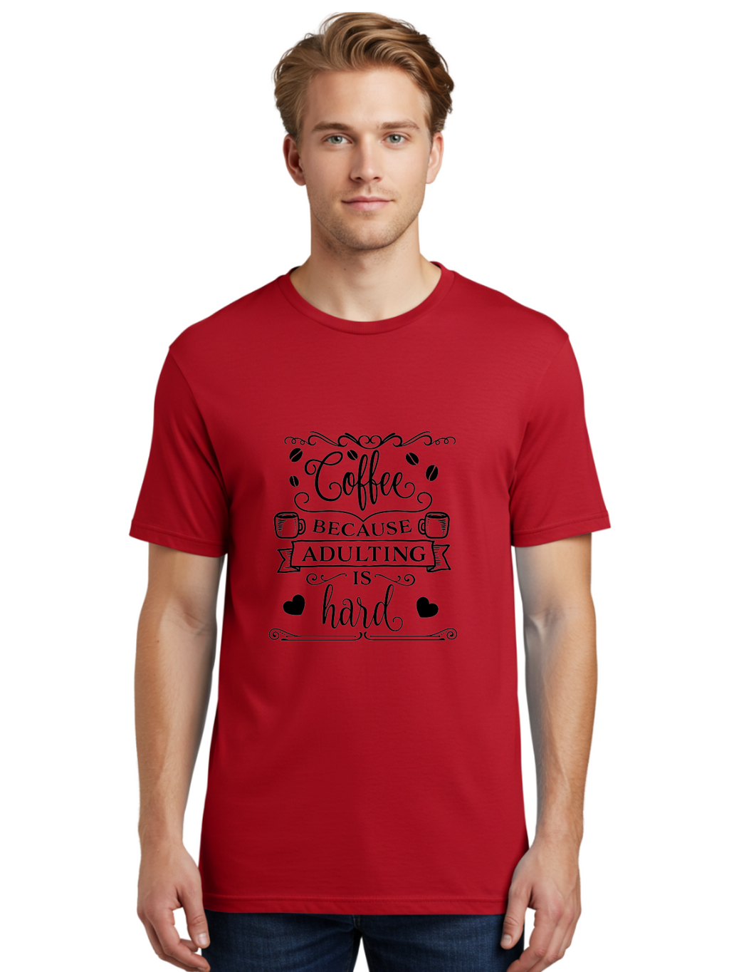 Coffee-Because-Adulting-Is-Hard Men'S Graphic Tee, 100% Cotton, Comfortable Casual Summer Wear, Machine Washable, Coffee Quote, Adulting Struggles, Coffee Lover, Funny Quote, Coffee Humor, Coffee Addiction, Coffee Enthusiast, Aac598