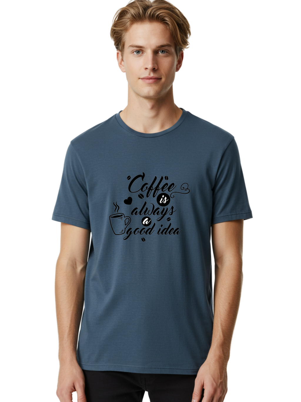 Coffee-Is-Always-Good-Idea Men'S Graphic Tee, 100% Cotton, Comfortable Casual Summer Wear, Machine Washable, Coffee Quote, Coffee Art, Coffee Lover, Steaming Cup, Heart Shape, Coffee Beans, Morning Motivation, Coffee Culture, Aac601