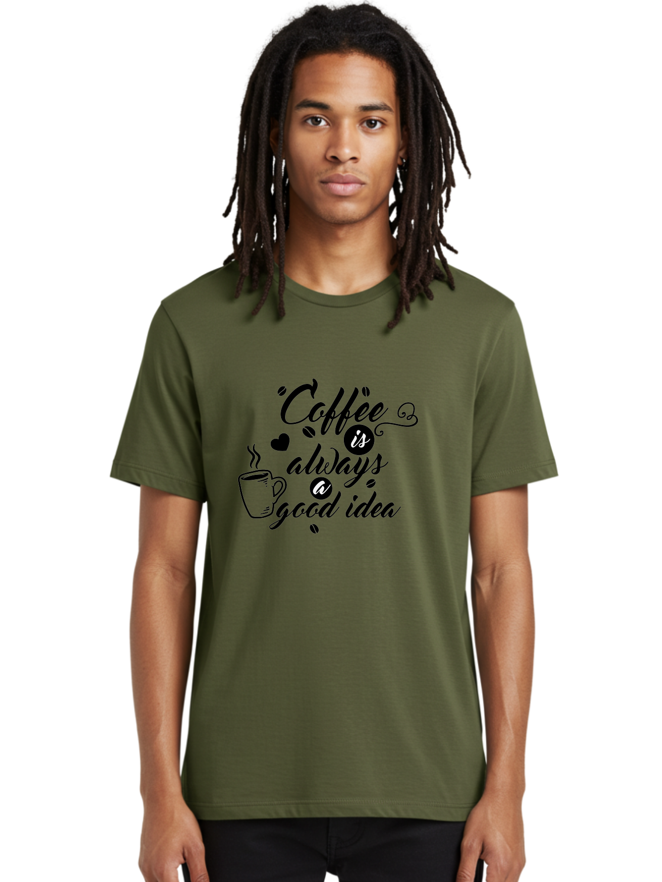 Coffee-Is-Always-Good-Idea Men'S Graphic Tee, 100% Cotton, Comfortable Casual Summer Wear, Machine Washable, Coffee Quote, Coffee Art, Coffee Lover, Steaming Cup, Heart Shape, Coffee Beans, Morning Motivation, Coffee Culture, Aac601