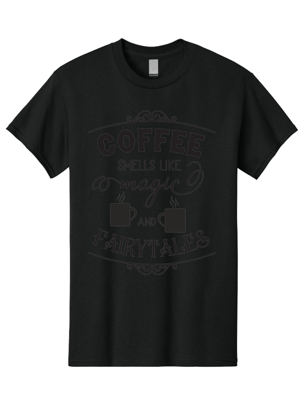 Coffee-Smells-Like-Magic-And-Fairytales Men'S Graphic Tee, 100% Cotton, Comfortable Casual Summer Wear, Machine Washable, Coffee Quote, Coffee Saying, Magic And Fairytale, Coffee Lovers, Whimsical Design, Steaming Coffee Cups, Aac605