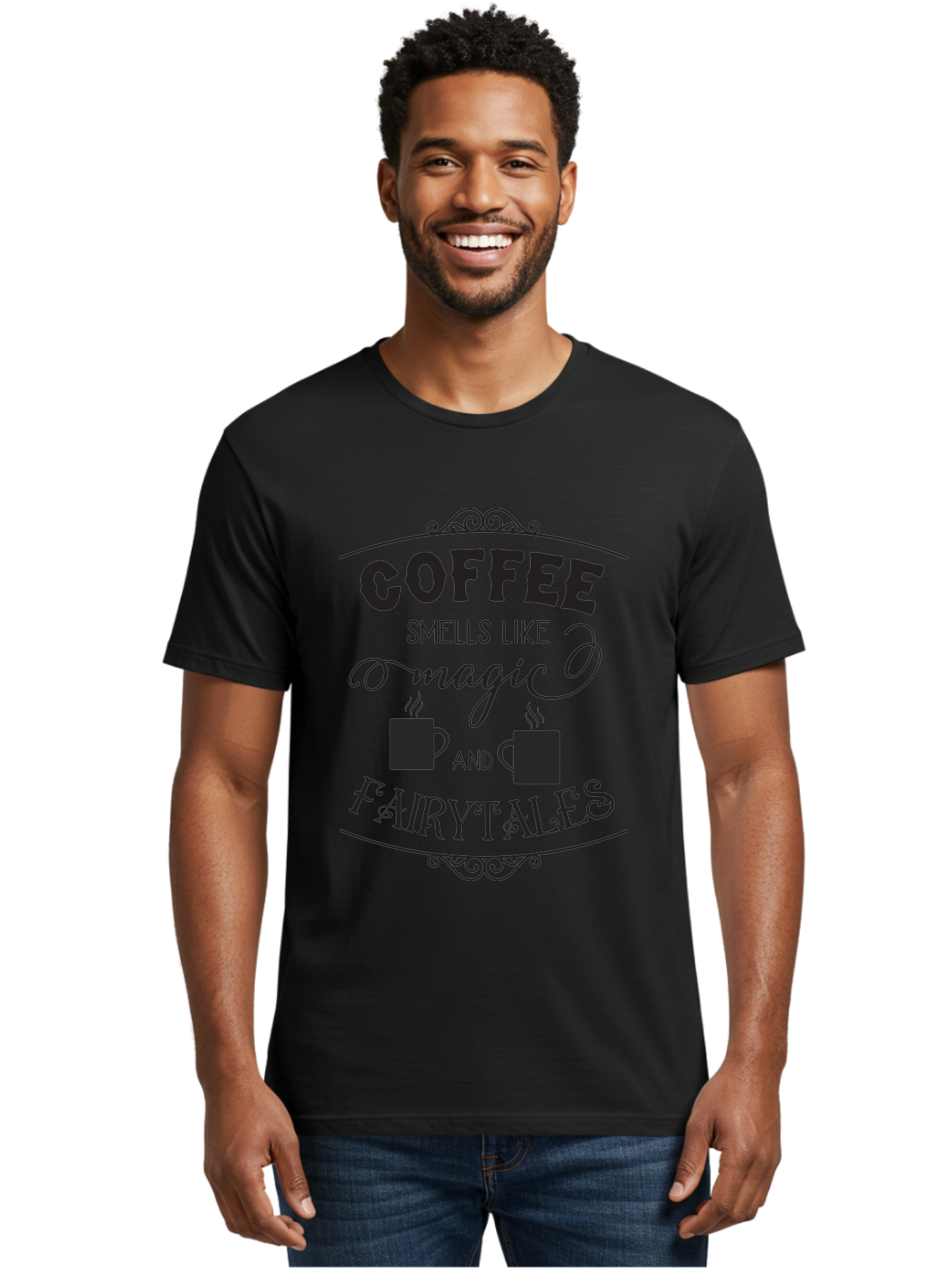 Coffee-Smells-Like-Magic-And-Fairytales Men'S Graphic Tee, 100% Cotton, Comfortable Casual Summer Wear, Machine Washable, Coffee Quote, Coffee Saying, Magic And Fairytale, Coffee Lovers, Whimsical Design, Steaming Coffee Cups, Aac605