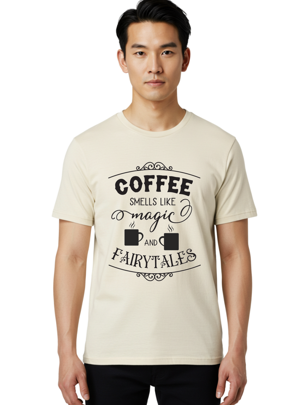 Coffee-Smells-Like-Magic-And-Fairytales Men'S Graphic Tee, 100% Cotton, Comfortable Casual Summer Wear, Machine Washable, Coffee Quote, Coffee Saying, Magic And Fairytale, Coffee Lovers, Whimsical Design, Steaming Coffee Cups, Aac605