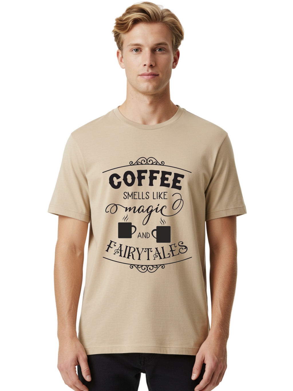 Coffee-Smells-Like-Magic-And-Fairytales Men'S Graphic Tee, 100% Cotton, Comfortable Casual Summer Wear, Machine Washable, Coffee Quote, Coffee Saying, Magic And Fairytale, Coffee Lovers, Whimsical Design, Steaming Coffee Cups, Aac605