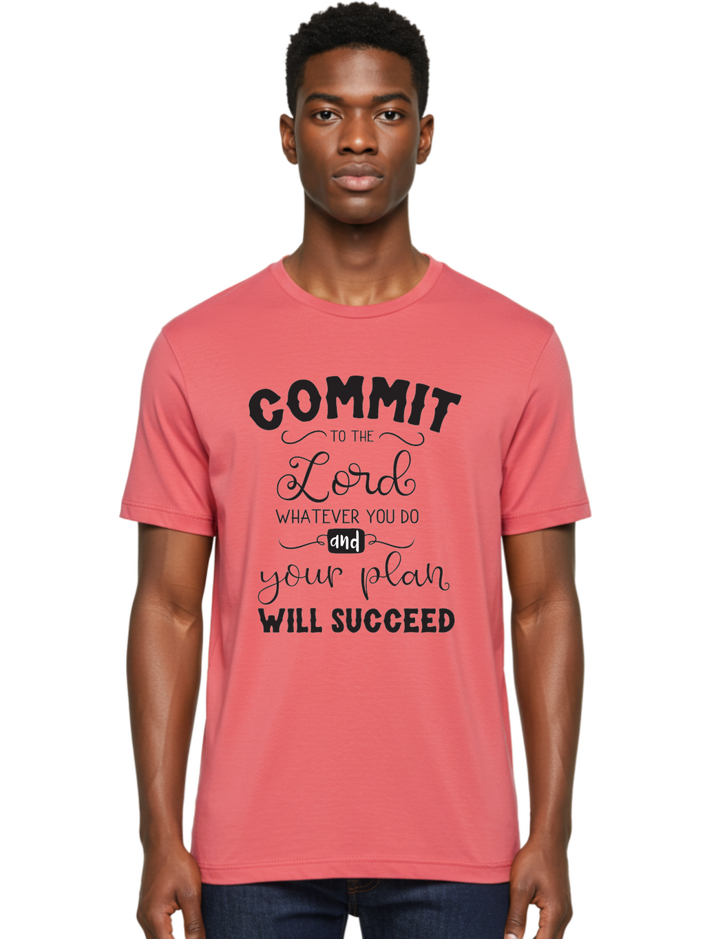 Commit-To-The-Lord Men'S Graphic Tee, 100% Cotton, Comfortable Casual Summer Wear, Machine Washable, Inspirational Quote, Motivational Message, Christian Faith, Success Mantra, Spiritual Guidance, Positive Affirmation, Faith And Success Aac606