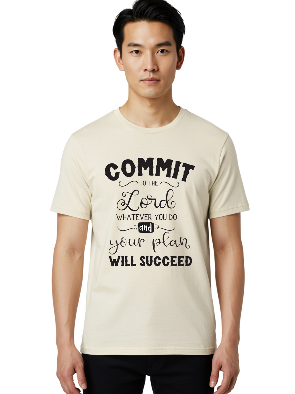 Commit-To-The-Lord Men'S Graphic Tee, 100% Cotton, Comfortable Casual Summer Wear, Machine Washable, Inspirational Quote, Motivational Message, Christian Faith, Success Mantra, Spiritual Guidance, Positive Affirmation, Faith And Success Aac606