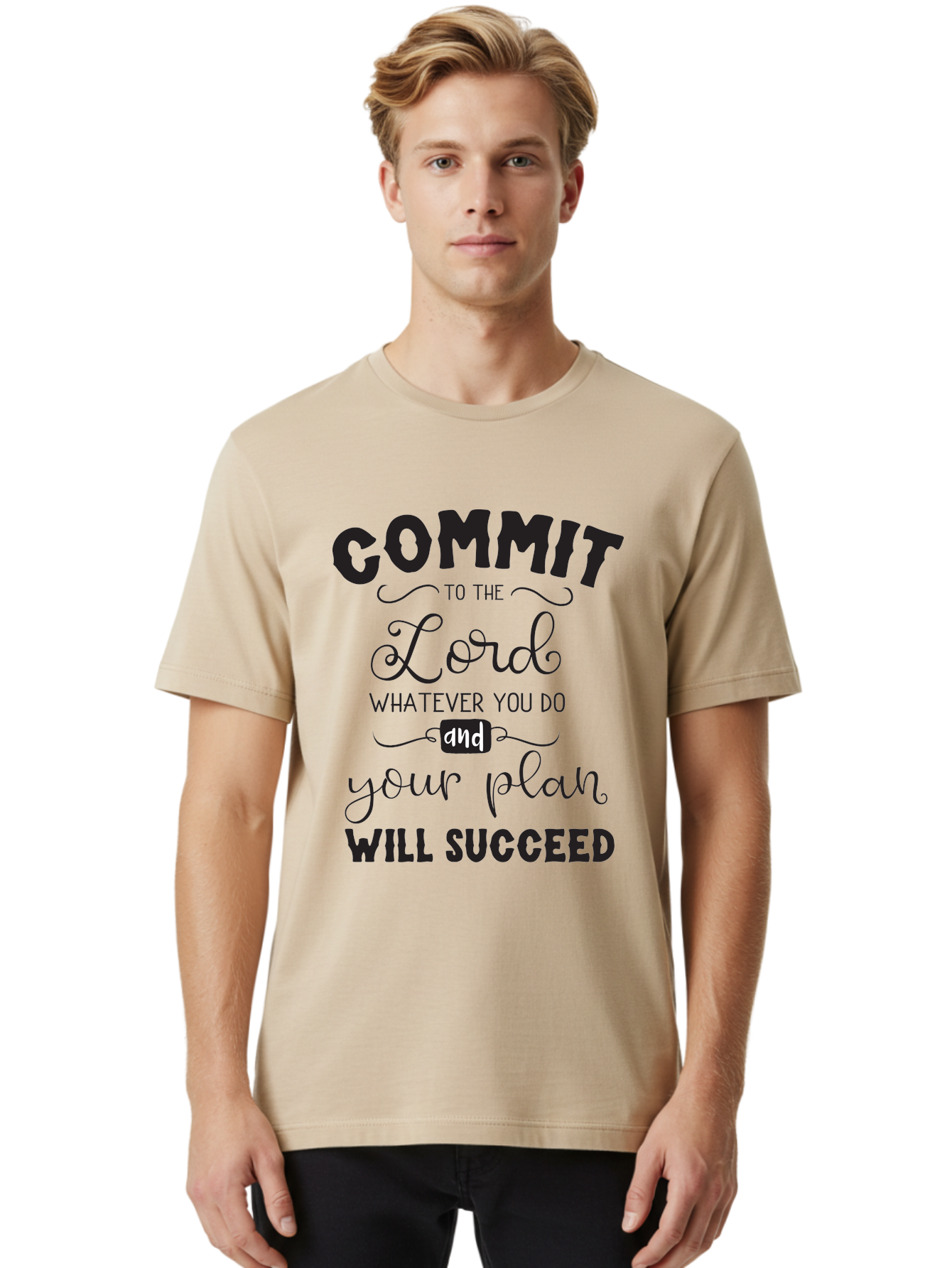 Commit-To-The-Lord Men'S Graphic Tee, 100% Cotton, Comfortable Casual Summer Wear, Machine Washable, Inspirational Quote, Motivational Message, Christian Faith, Success Mantra, Spiritual Guidance, Positive Affirmation, Faith And Success Aac606