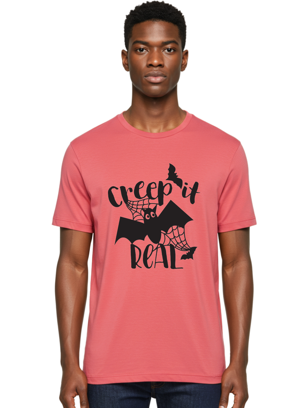 Creep-It-Real Men'S Graphic Tee, 100% Cotton, Comfortable Casual Summer Wear, Machine Washable, Halloween Graphics, Halloween Design, Creepy Bat, Spider Web, Halloween Theme, Spooky Atmosphere, Halloween Decoration, Creepy Eyes Aac614