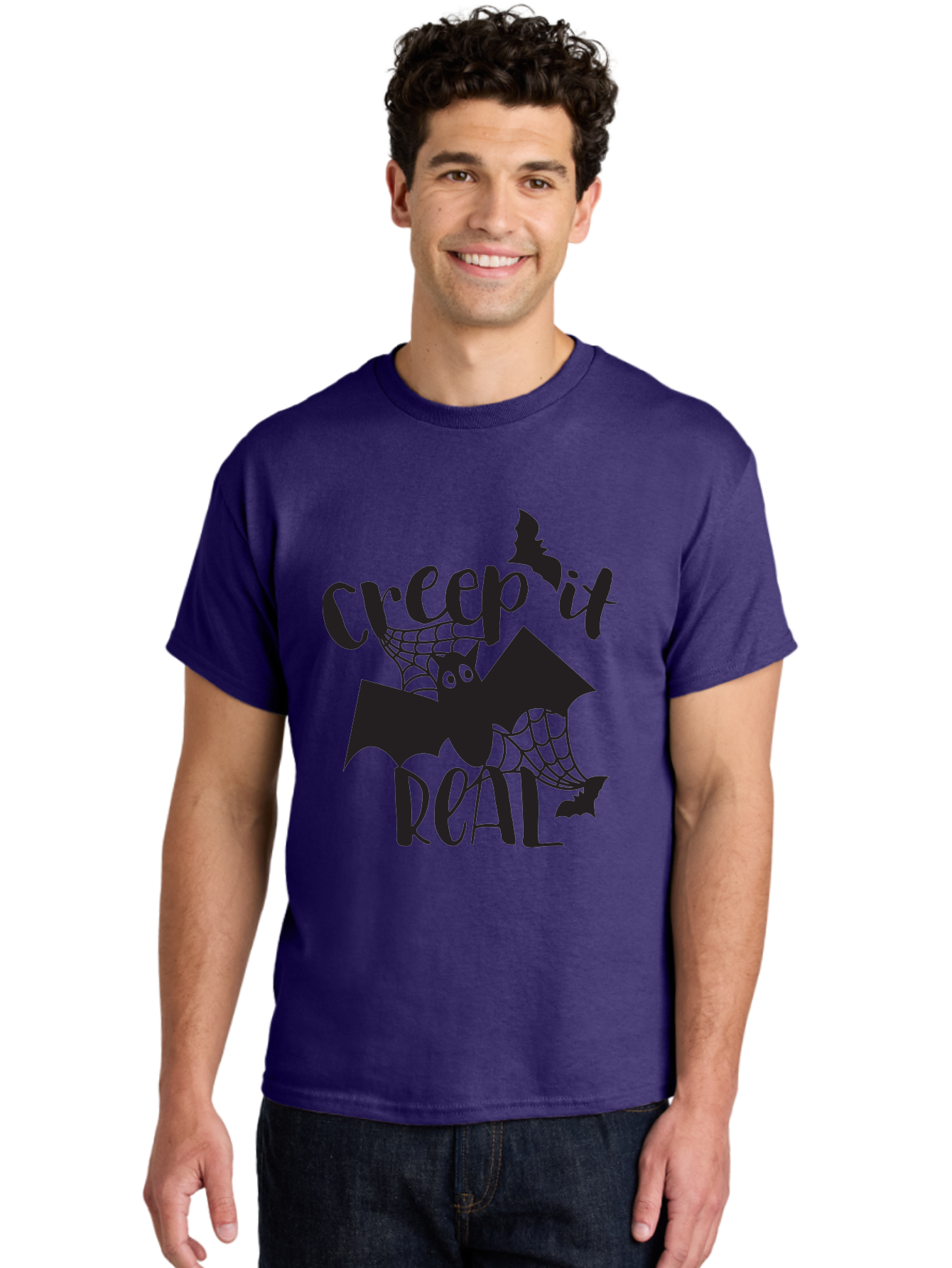Creep-It-Real Men'S Graphic Tee, 100% Cotton, Comfortable Casual Summer Wear, Machine Washable, Halloween Graphics, Halloween Design, Creepy Bat, Spider Web, Halloween Theme, Spooky Atmosphere, Halloween Decoration, Creepy Eyes Aac614