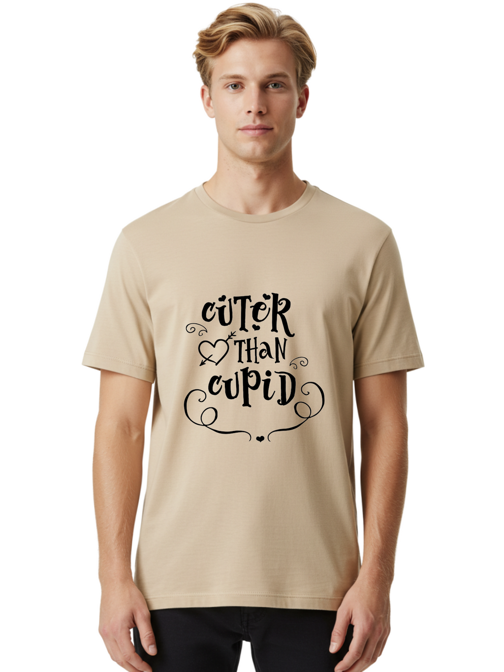 Cuter-Than-Cupid Men'S Graphic Tee, 100% Cotton, Comfortable Casual Summer Wear, Machine Washable, Cute Quotes, Valentine'S Day, Love Messages, Heart Designs, Cupid Theme, Typography Art, Romantic Phrases, Adorable Sayings, Whimsical Fonts Aac620