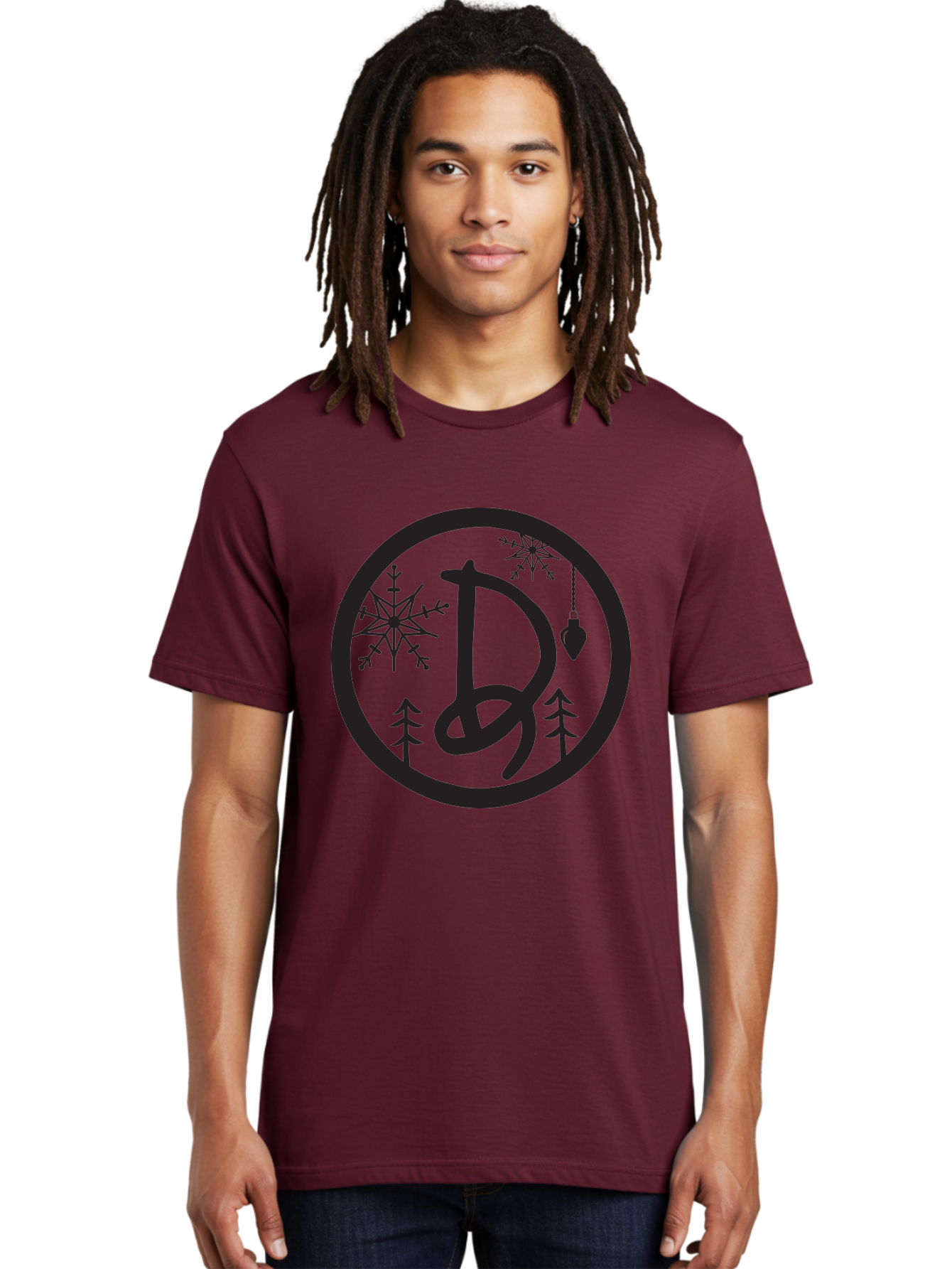 D Men'S Graphic Tee, 100% Cotton, Comfortable Casual Summer Wear, Machine Washable, Christmas Symbol, Letter D, Snowflakes, Pine Trees, Hanging Ornament, Festive Decorations, Winter Wonderland, Holiday Graphics, Christmas Theme Aac621