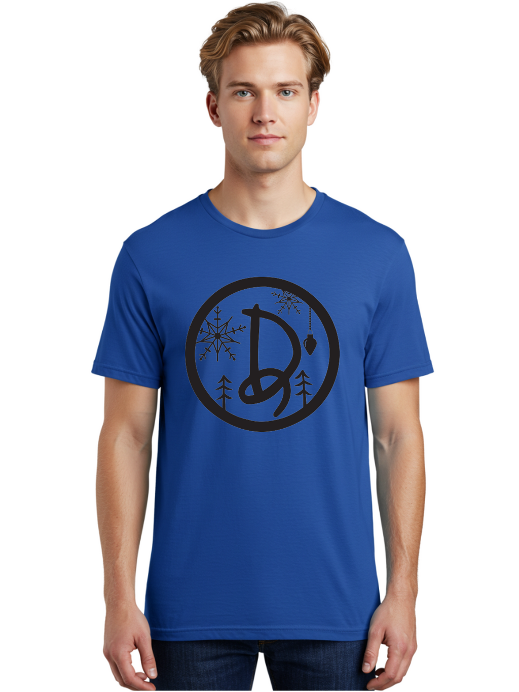 D Men'S Graphic Tee, 100% Cotton, Comfortable Casual Summer Wear, Machine Washable, Christmas Symbol, Letter D, Snowflakes, Pine Trees, Hanging Ornament, Festive Decorations, Winter Wonderland, Holiday Graphics, Christmas Theme Aac621