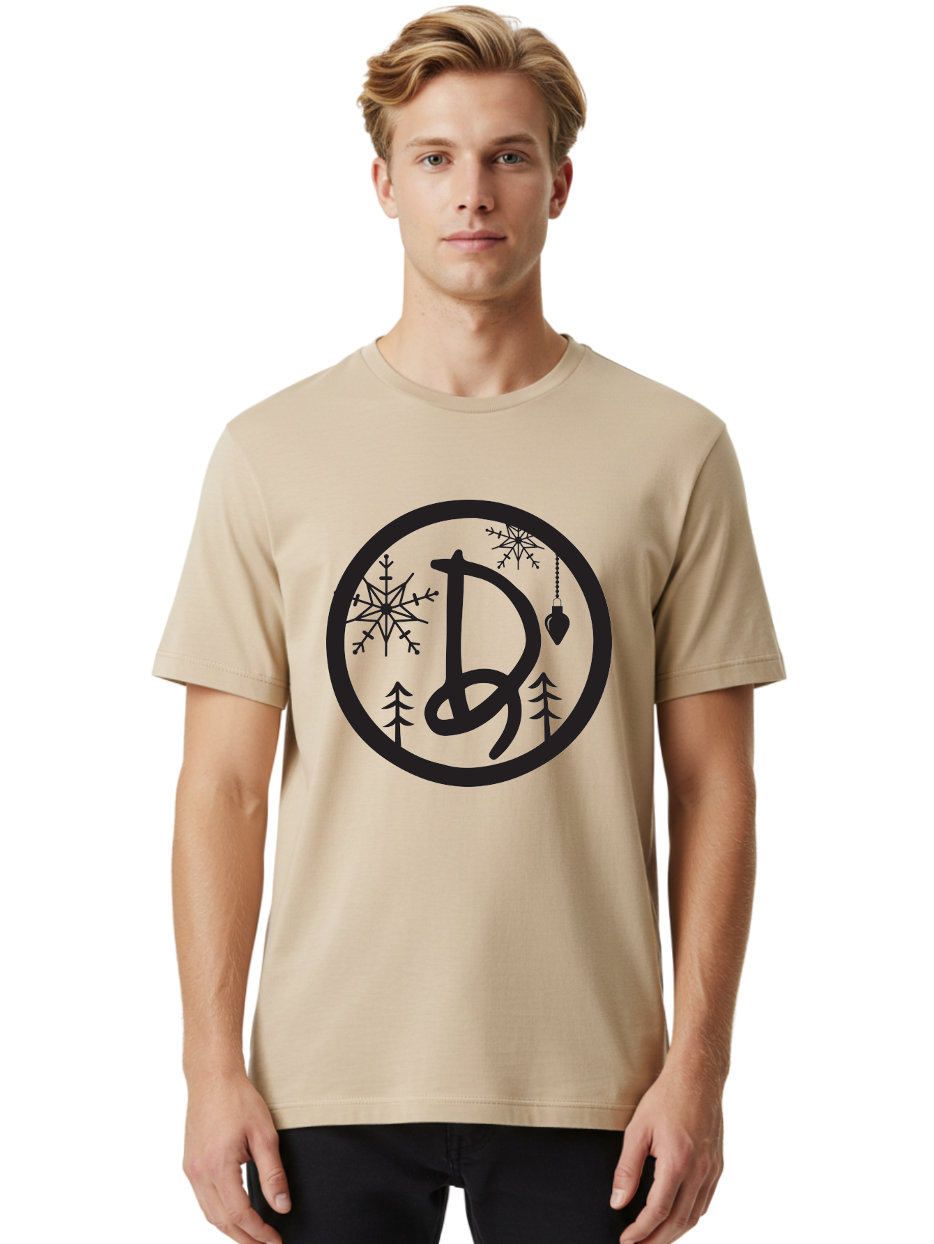 D Men'S Graphic Tee, 100% Cotton, Comfortable Casual Summer Wear, Machine Washable, Christmas Symbol, Letter D, Snowflakes, Pine Trees, Hanging Ornament, Festive Decorations, Winter Wonderland, Holiday Graphics, Christmas Theme Aac621