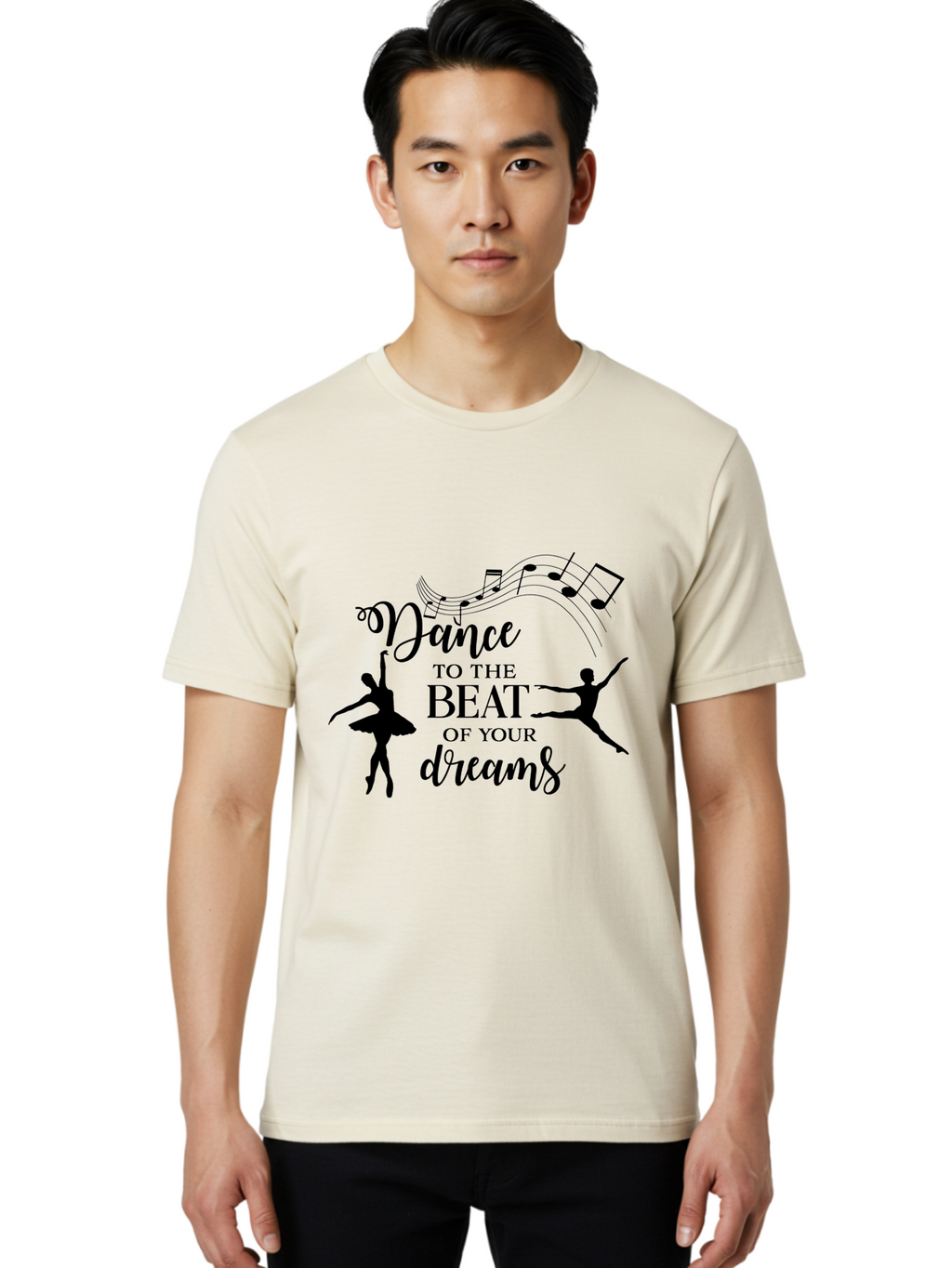 Dance-To-The-Beat-Of-Your-Dreams Men'S Graphic Tee, 100% Cotton, Comfortable Casual Summer Wear, Machine Washable, Dance Inspiration, Motivational Quote, Ballet Dancers, Rhythmic Movement, Dancing Silhouettes, Music Notes, Inspirational Words, Aac624