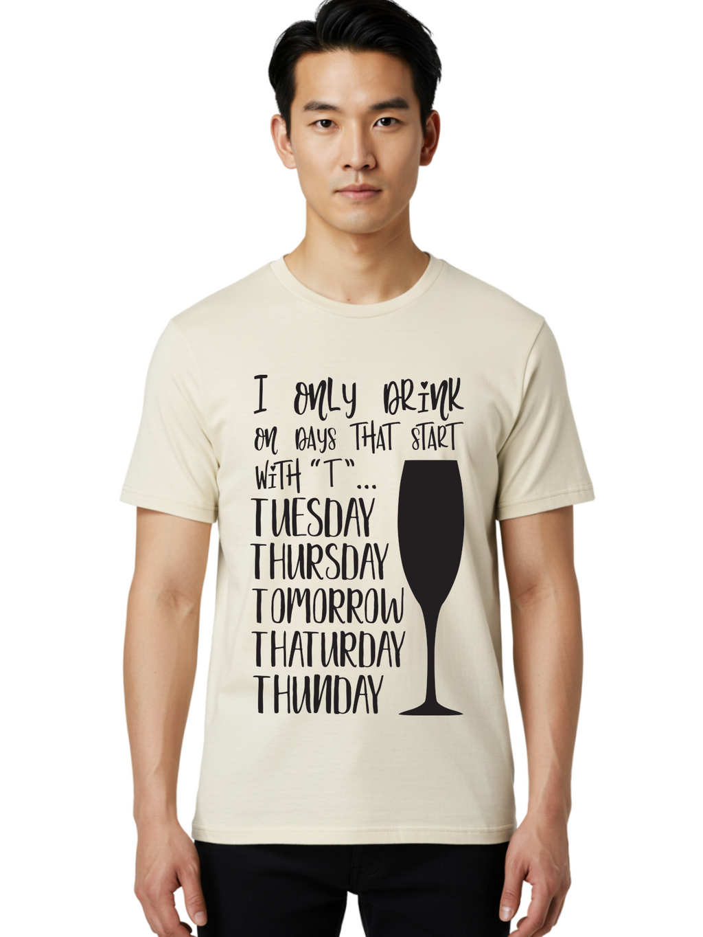 Days-That-Start-With-T Men'S Graphic Tee, 100% Cotton, Comfortable Casual Summer Wear, Machine Washable, Humorous Quote, Funny Saying, Wine Glass, Drinking Joke, Tuesday, Thursday, Tomorrow, That'Urday, Thunday, Playful Humor, Party Vibes, Aac628