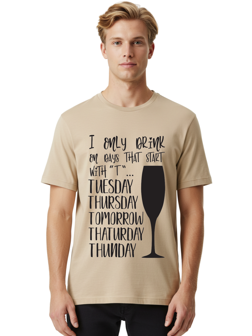 Days-That-Start-With-T Men'S Graphic Tee, 100% Cotton, Comfortable Casual Summer Wear, Machine Washable, Humorous Quote, Funny Saying, Wine Glass, Drinking Joke, Tuesday, Thursday, Tomorrow, That'Urday, Thunday, Playful Humor, Party Vibes, Aac628