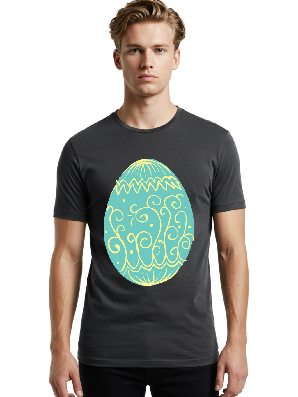 Decorated-Easter-Egg-1 Men'S Graphic Tee, 100% Cotton, Comfortable Casual Summer Wear, Machine Washable, Decorative Easter Egg, Yellow Swirls, Blue Egg, Festive Design, Spring Theme, Easter Symbol, Intricate Patterns, Abstract Art, Aac632