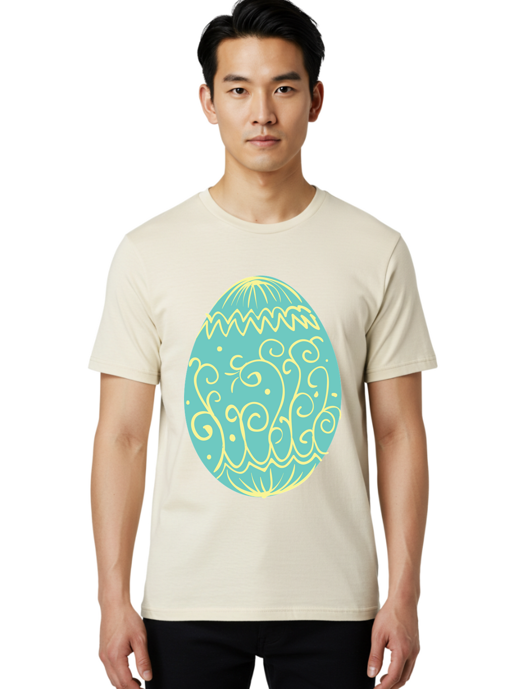 Decorated-Easter-Egg-1 Men'S Graphic Tee, 100% Cotton, Comfortable Casual Summer Wear, Machine Washable, Decorative Easter Egg, Yellow Swirls, Blue Egg, Festive Design, Spring Theme, Easter Symbol, Intricate Patterns, Abstract Art, Aac632