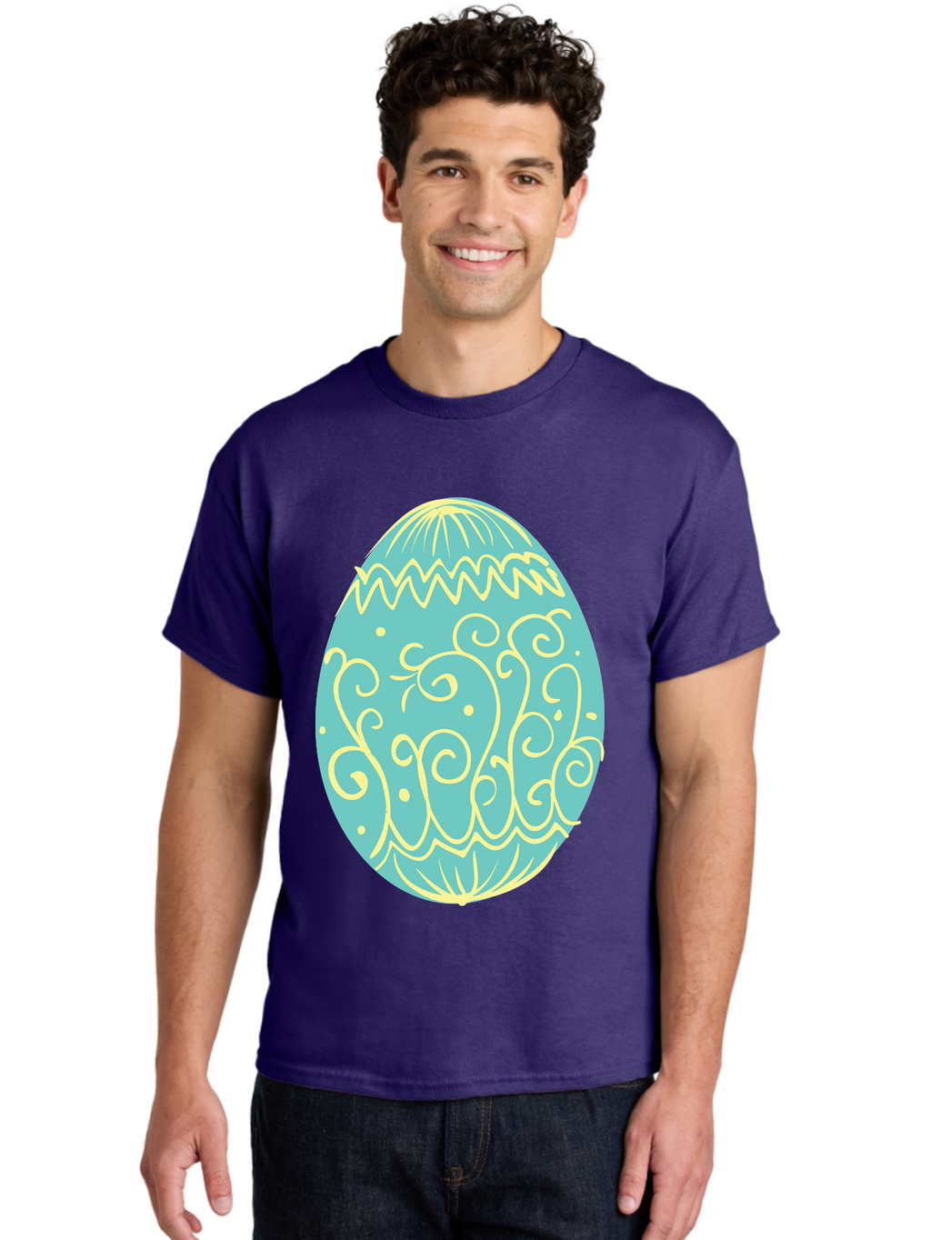 Decorated-Easter-Egg-1 Men'S Graphic Tee, 100% Cotton, Comfortable Casual Summer Wear, Machine Washable, Decorative Easter Egg, Yellow Swirls, Blue Egg, Festive Design, Spring Theme, Easter Symbol, Intricate Patterns, Abstract Art, Aac632