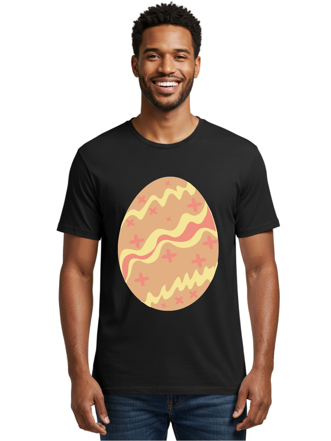 Decorated-Easter-Egg Men'S Graphic Tee, 100% Cotton, Comfortable Casual Summer Wear, Machine Washable, Easter Egg, Decorated Egg, Pastel Colors, Pink And Yellow Design, Cross Patterns, Wavy Lines, Spring Theme, Easter Decoration, Festive Egg Aac634