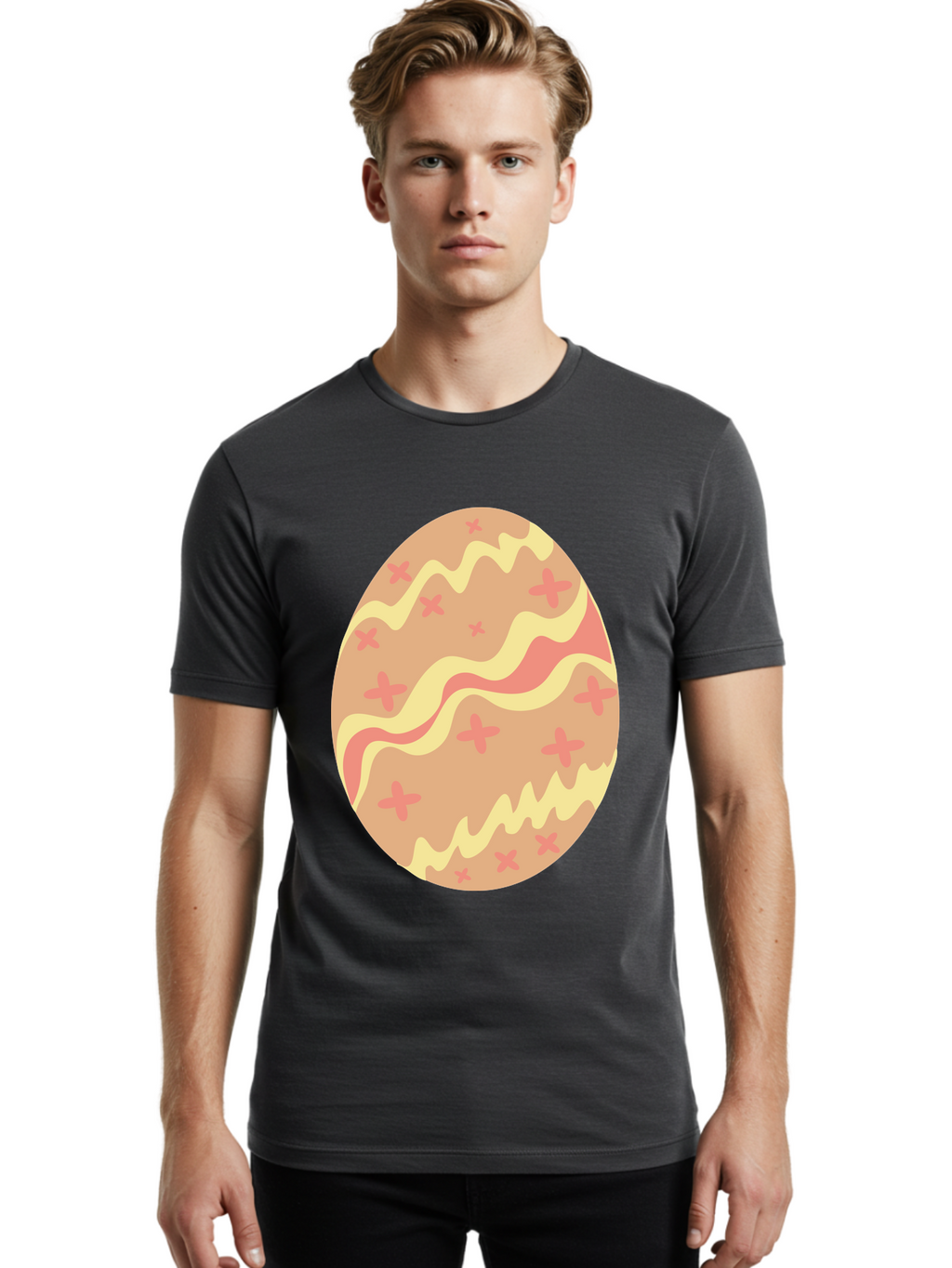 Decorated-Easter-Egg Men'S Graphic Tee, 100% Cotton, Comfortable Casual Summer Wear, Machine Washable, Easter Egg, Decorated Egg, Pastel Colors, Pink And Yellow Design, Cross Patterns, Wavy Lines, Spring Theme, Easter Decoration, Festive Egg Aac634