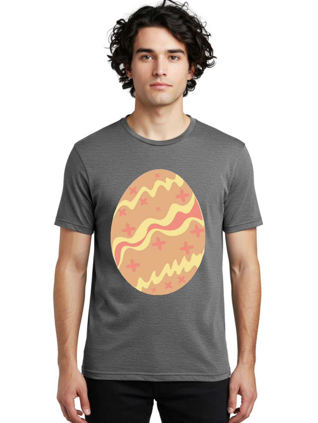 Decorated-Easter-Egg Men'S Graphic Tee, 100% Cotton, Comfortable Casual Summer Wear, Machine Washable, Easter Egg, Decorated Egg, Pastel Colors, Pink And Yellow Design, Cross Patterns, Wavy Lines, Spring Theme, Easter Decoration, Festive Egg Aac634