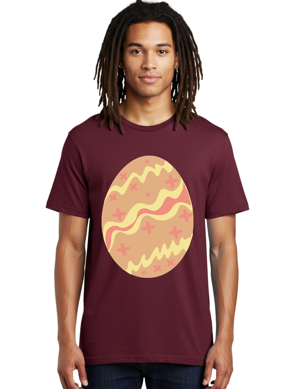 Decorated-Easter-Egg Men'S Graphic Tee, 100% Cotton, Comfortable Casual Summer Wear, Machine Washable, Easter Egg, Decorated Egg, Pastel Colors, Pink And Yellow Design, Cross Patterns, Wavy Lines, Spring Theme, Easter Decoration, Festive Egg Aac634