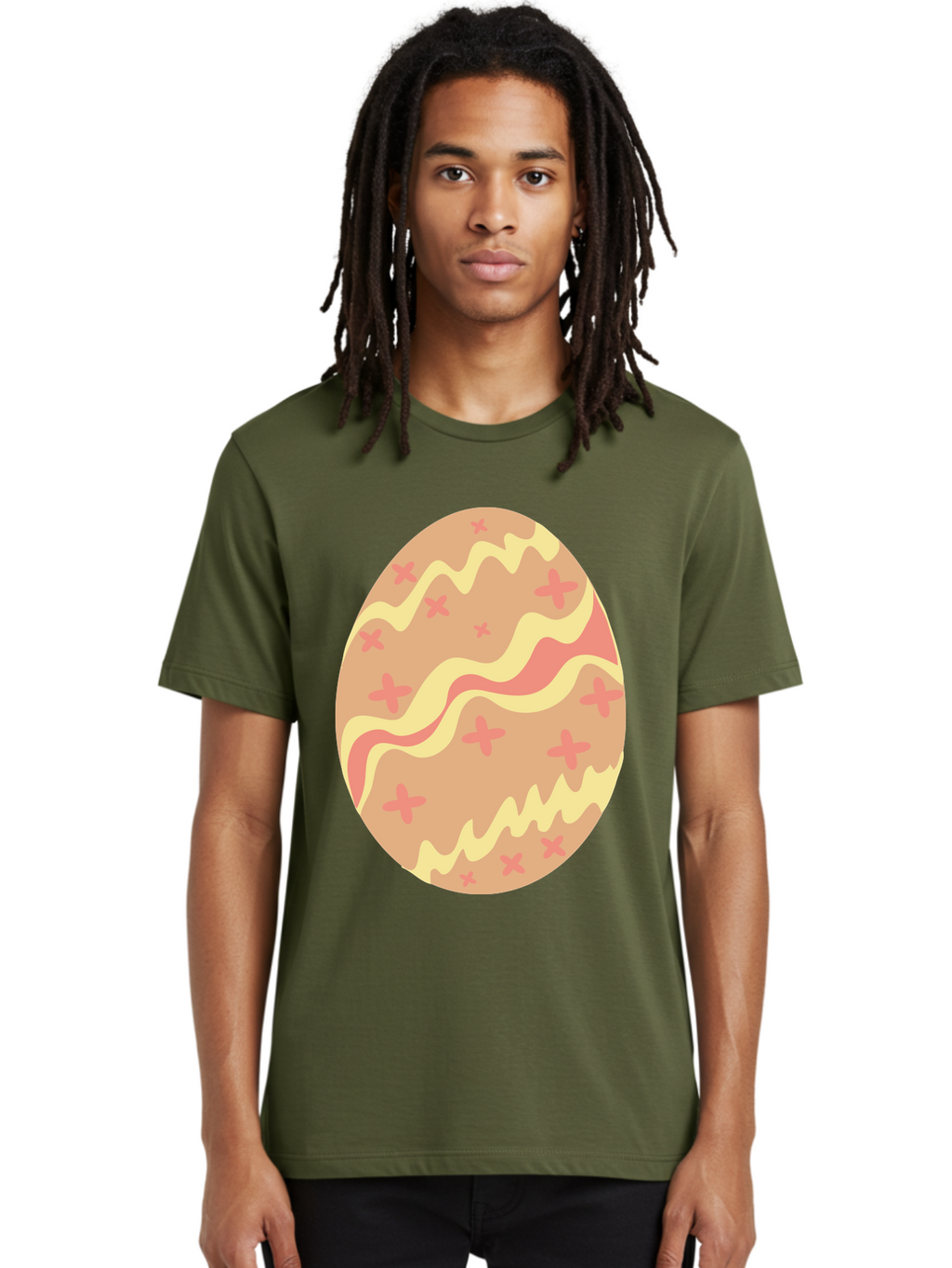 Decorated-Easter-Egg Men'S Graphic Tee, 100% Cotton, Comfortable Casual Summer Wear, Machine Washable, Easter Egg, Decorated Egg, Pastel Colors, Pink And Yellow Design, Cross Patterns, Wavy Lines, Spring Theme, Easter Decoration, Festive Egg Aac634
