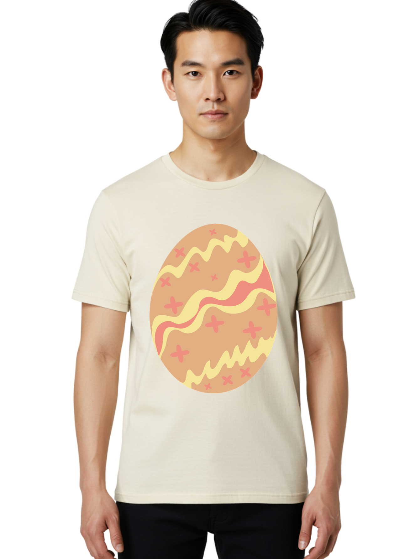 Decorated-Easter-Egg Men'S Graphic Tee, 100% Cotton, Comfortable Casual Summer Wear, Machine Washable, Easter Egg, Decorated Egg, Pastel Colors, Pink And Yellow Design, Cross Patterns, Wavy Lines, Spring Theme, Easter Decoration, Festive Egg Aac634