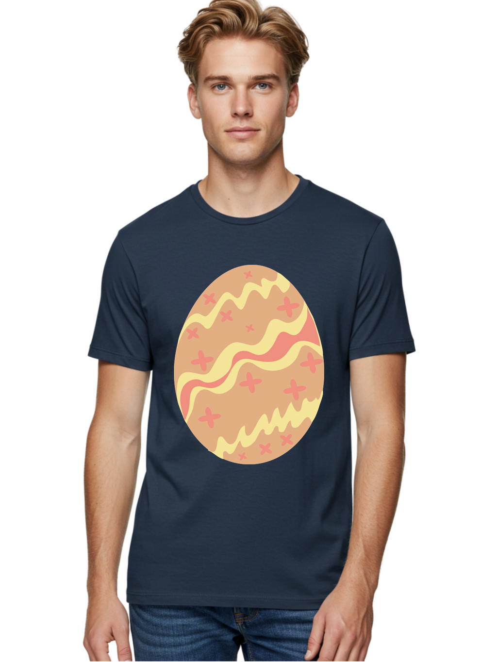Decorated-Easter-Egg Men'S Graphic Tee, 100% Cotton, Comfortable Casual Summer Wear, Machine Washable, Easter Egg, Decorated Egg, Pastel Colors, Pink And Yellow Design, Cross Patterns, Wavy Lines, Spring Theme, Easter Decoration, Festive Egg Aac634