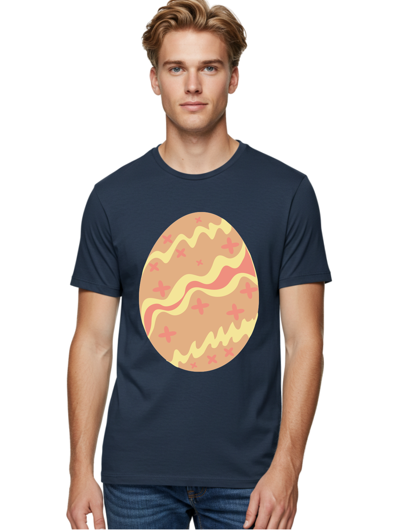 Decorated-Easter-Egg Men'S Graphic Tee, 100% Cotton, Comfortable Casual Summer Wear, Machine Washable, Easter Egg, Decorated Egg, Pastel Colors, Pink And Yellow Design, Cross Patterns, Wavy Lines, Spring Theme, Easter Decoration, Festive Egg Aac634
